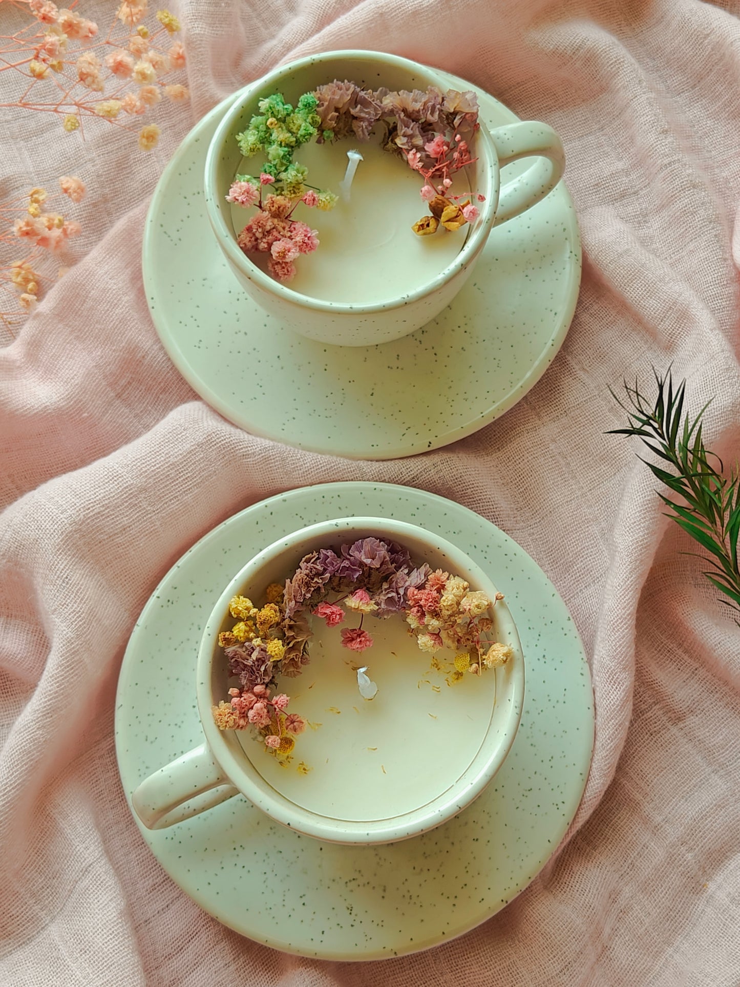 Handcrafted Hand poured Ceramic Cup & Saucer Soy Wax Candle with Natural Dried Flowers