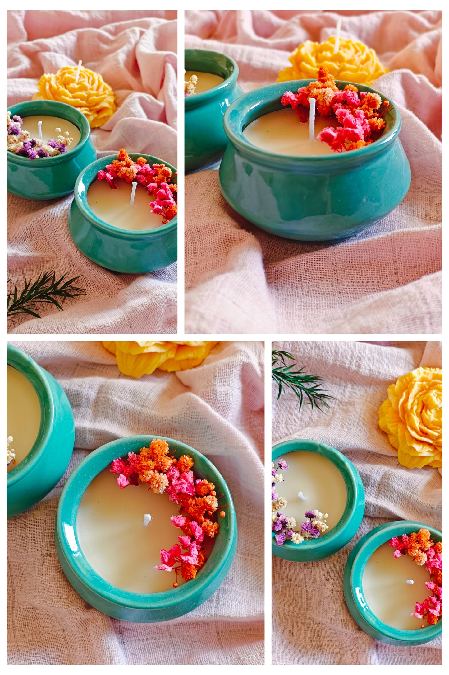 Handcrafted Turquoise Ceramic Matka Soy Wax Candle with Natural Dried Flowers
