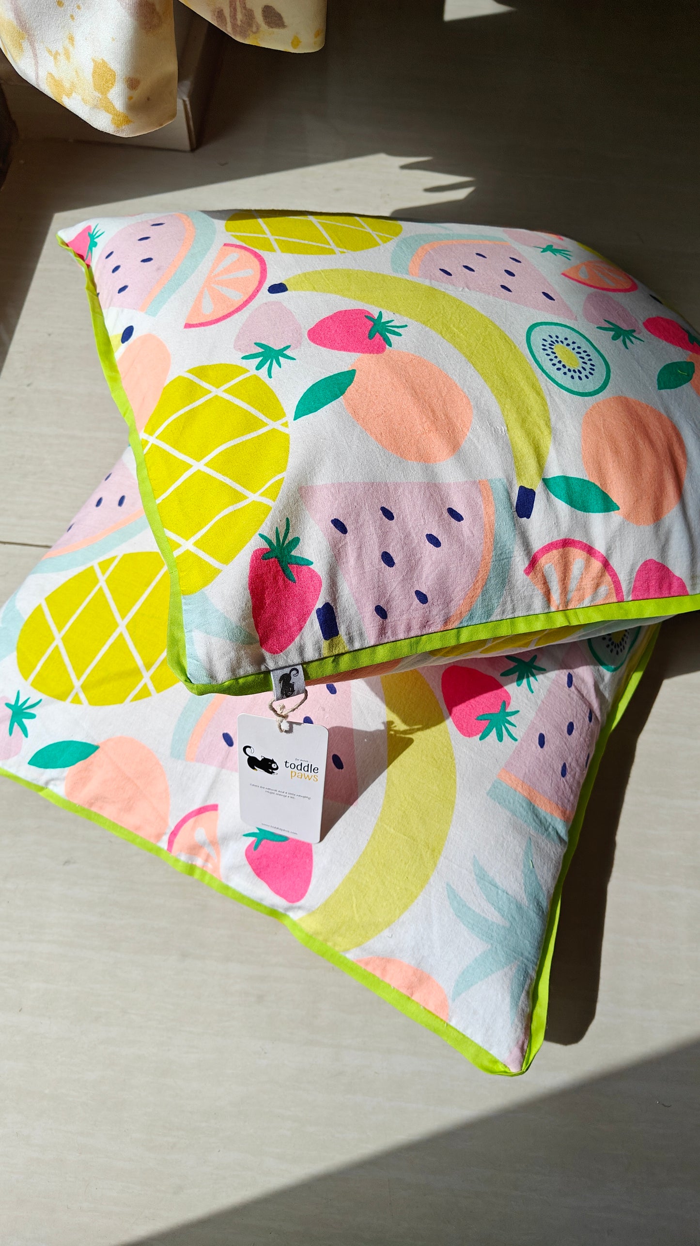 Playful Fruity Print Cushion Cover with Lime Green Piping Border Set of 2