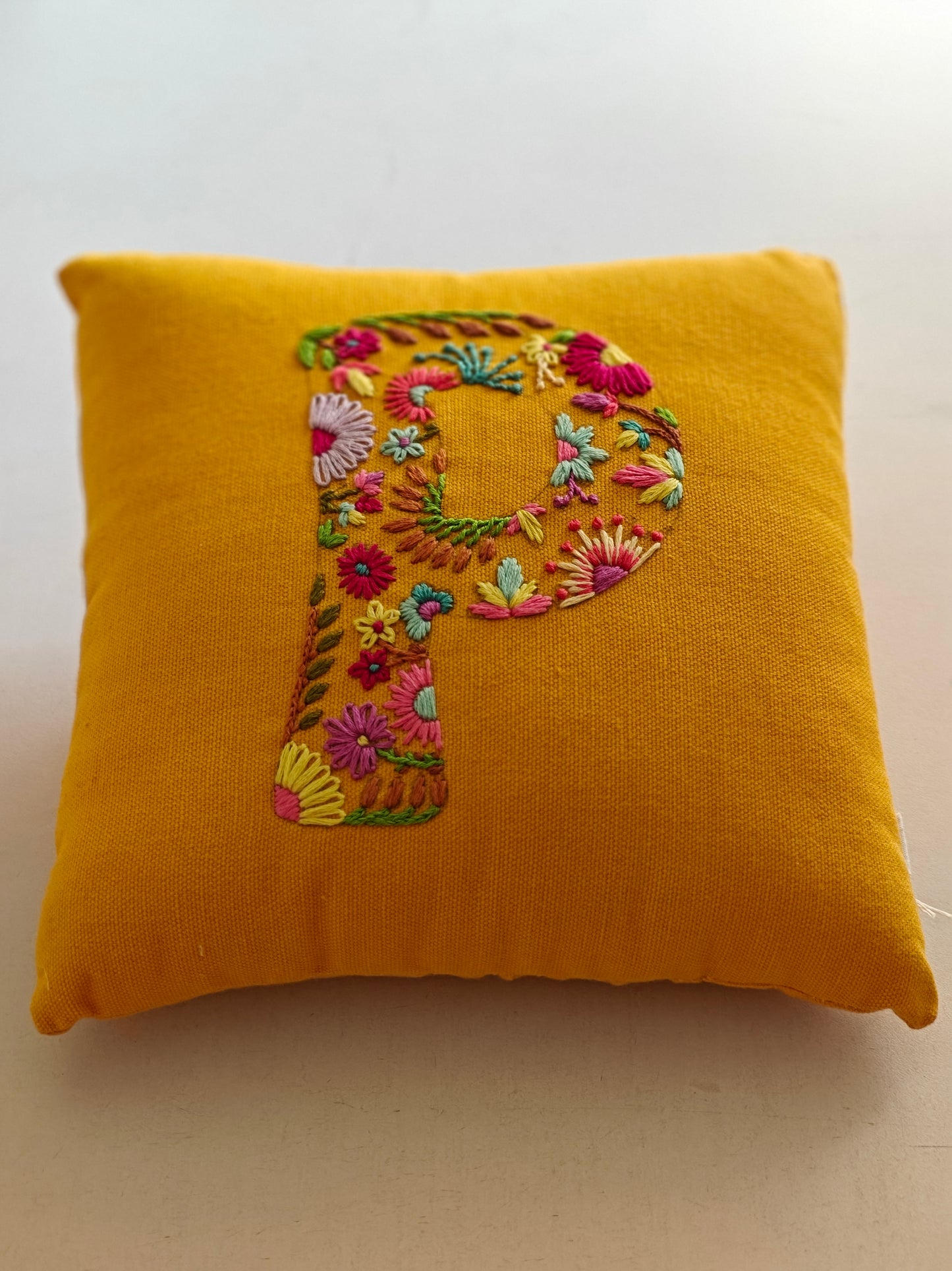 Hand Embroidered Customised Alphabet Cotton Cushion 10*10 Inches