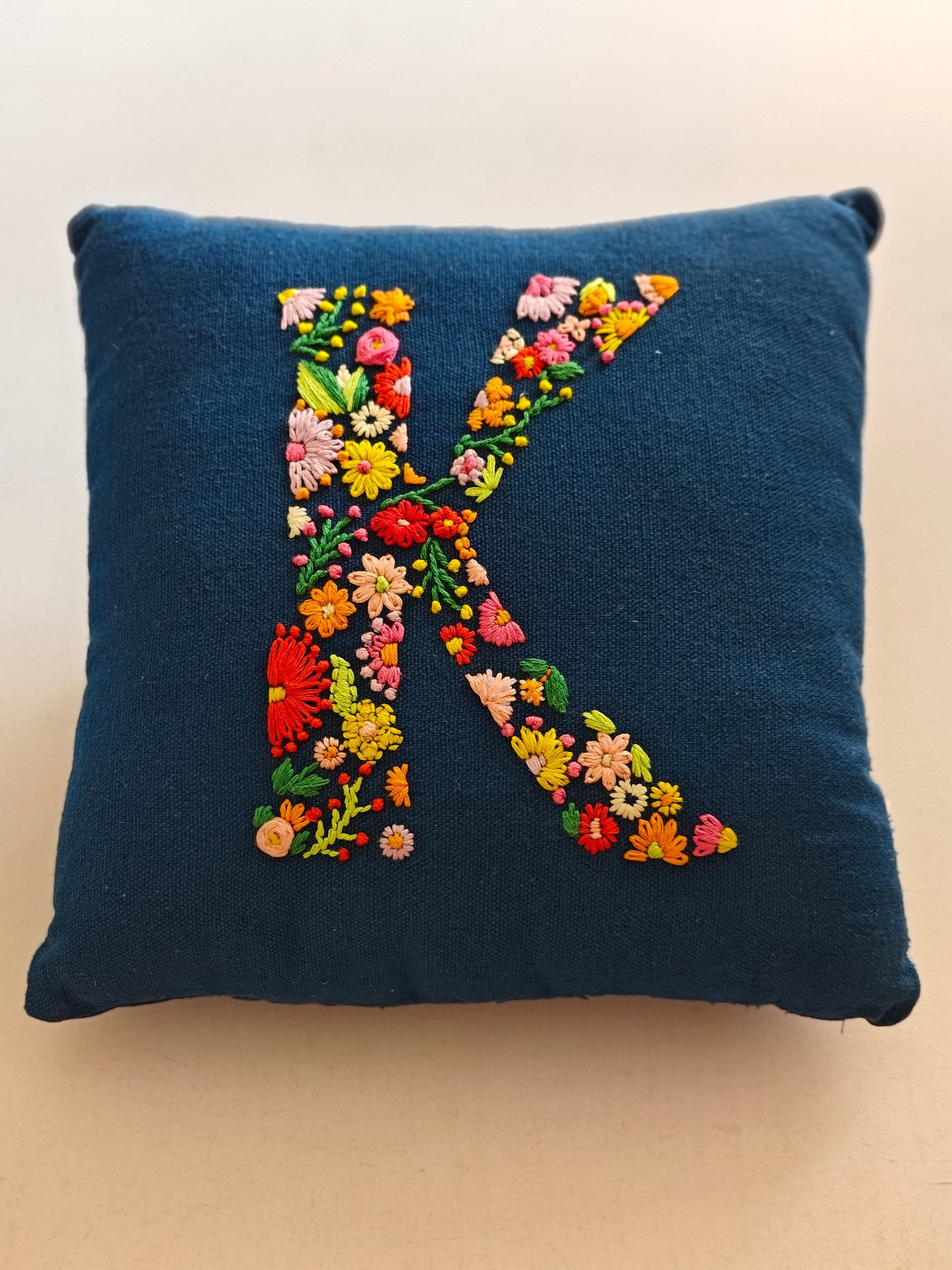 Hand Embroidered Customised Alphabet Cotton Cushion 10*10 Inches