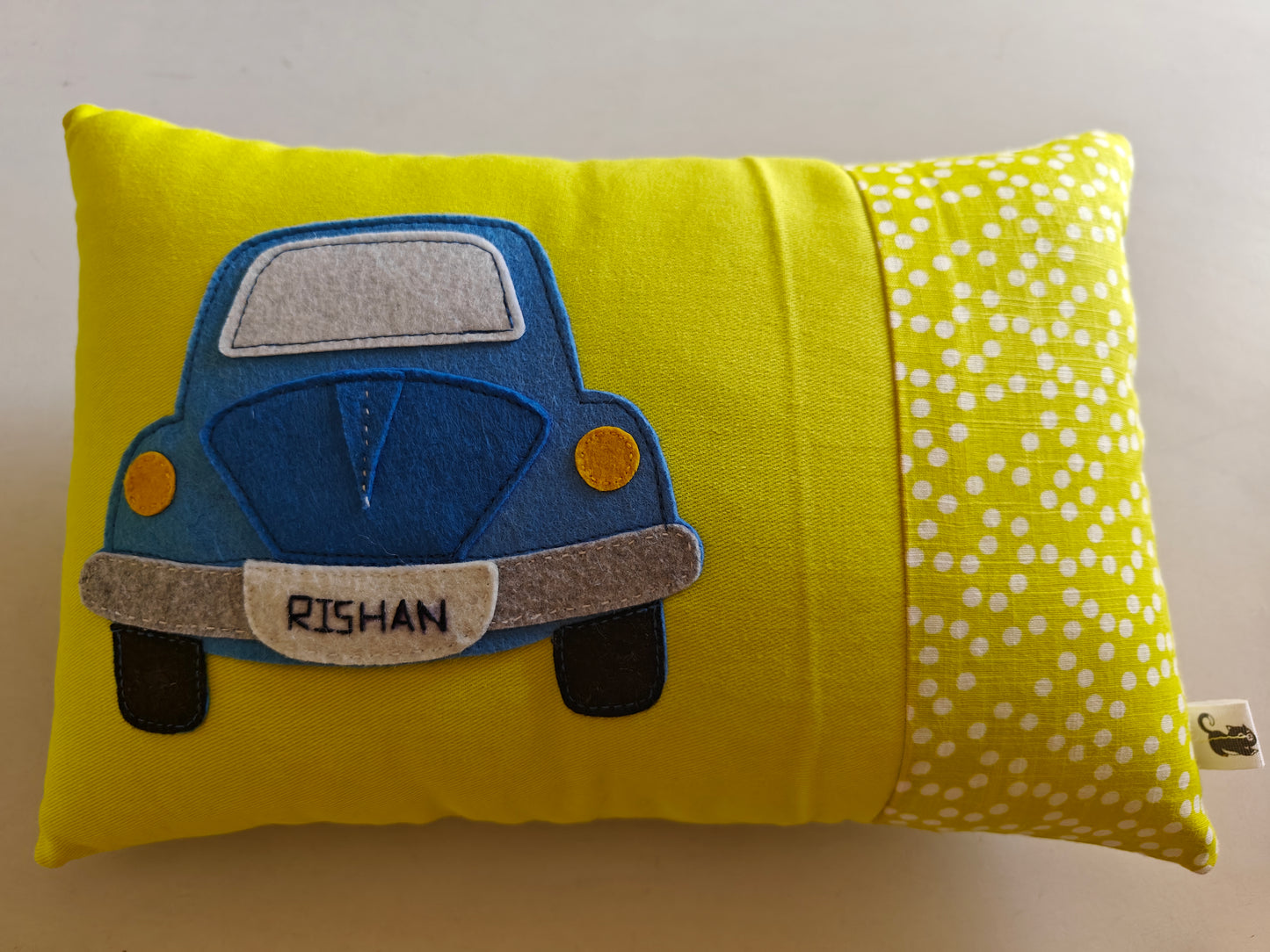 Customised Name Cushion with Felt Patch Design & Hand Embroidered Customised Name