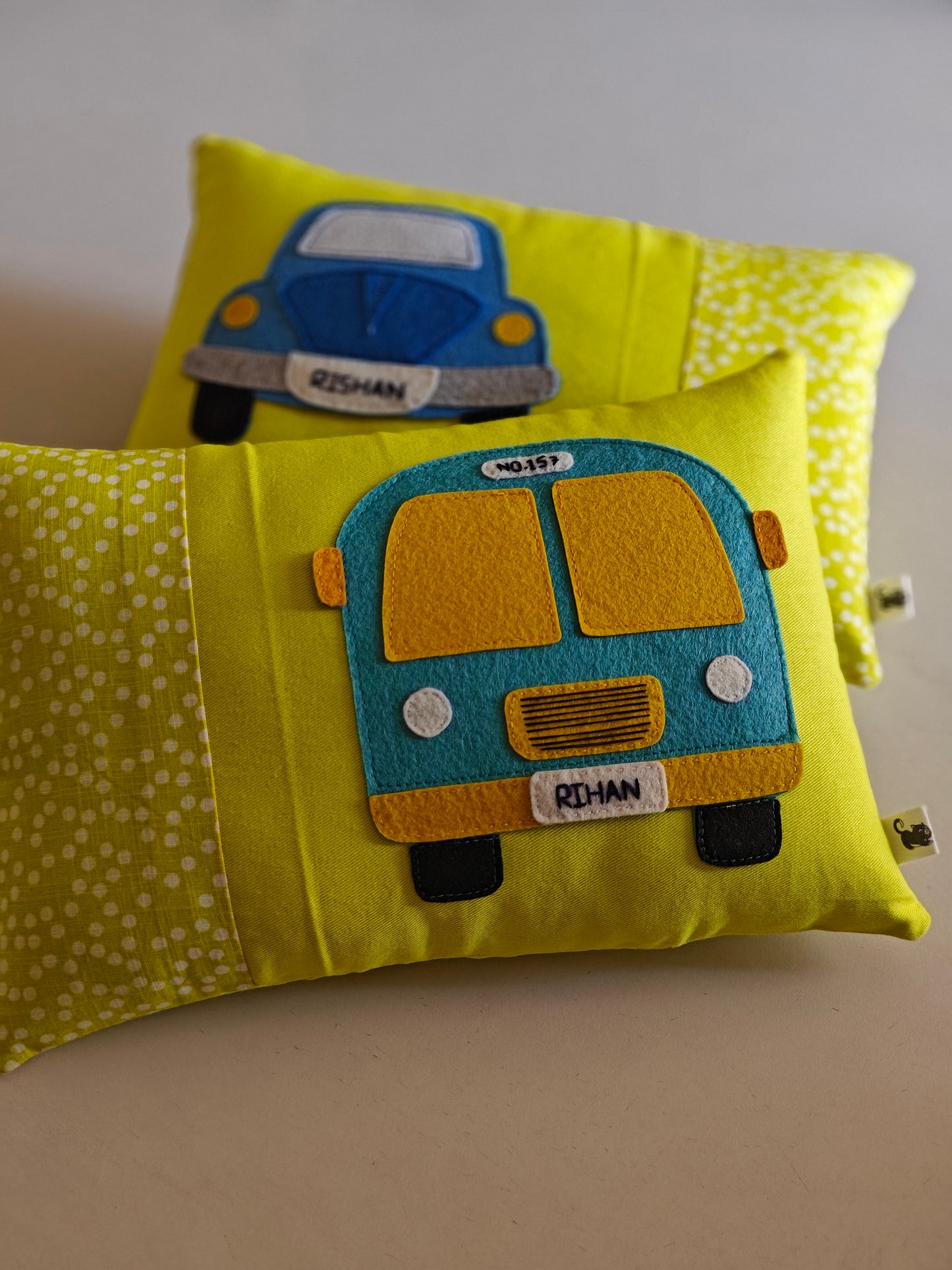 Customised Name Cushion with Felt Patch Design & Hand Embroidered Customised Name