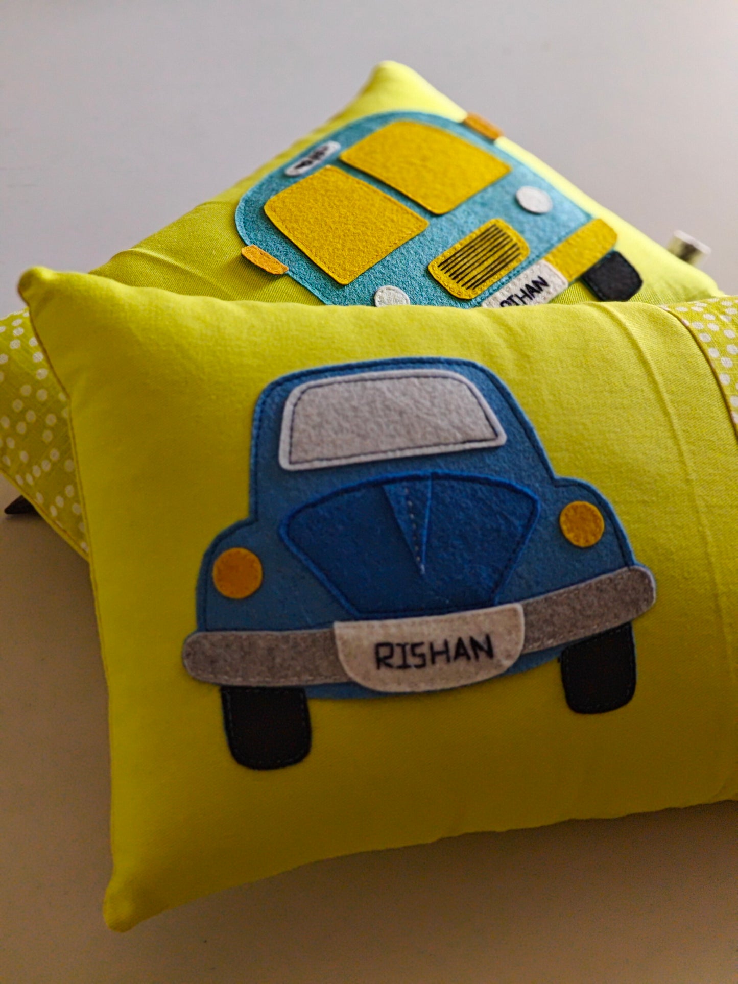 Customised Name Cushion with Felt Patch Design & Hand Embroidered Customised Name