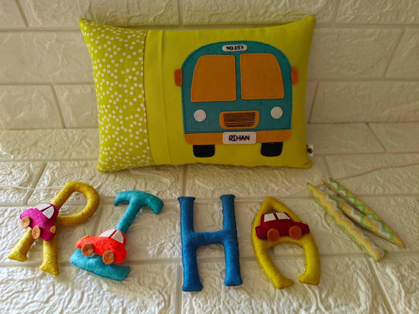 Customised Name Cushion with Felt Patch Design & Hand Embroidered Customised Name