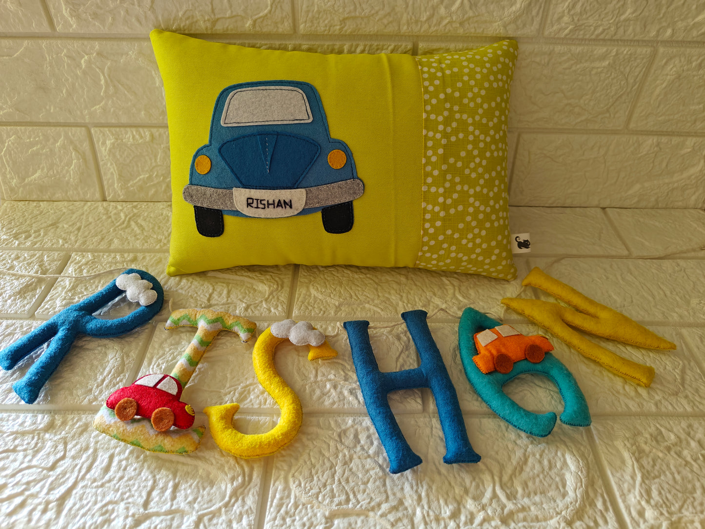 Customised Name Cushion with Felt Patch Design & Hand Embroidered Customised Name