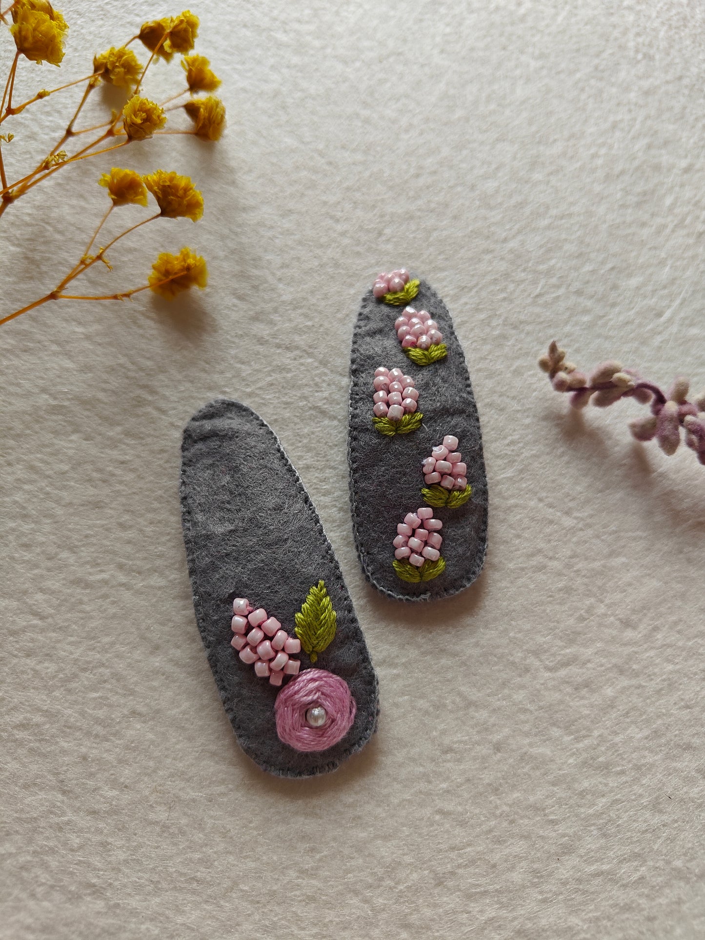 Grey Felt Hair Clip with Thread Work and Pink Bead embroidery