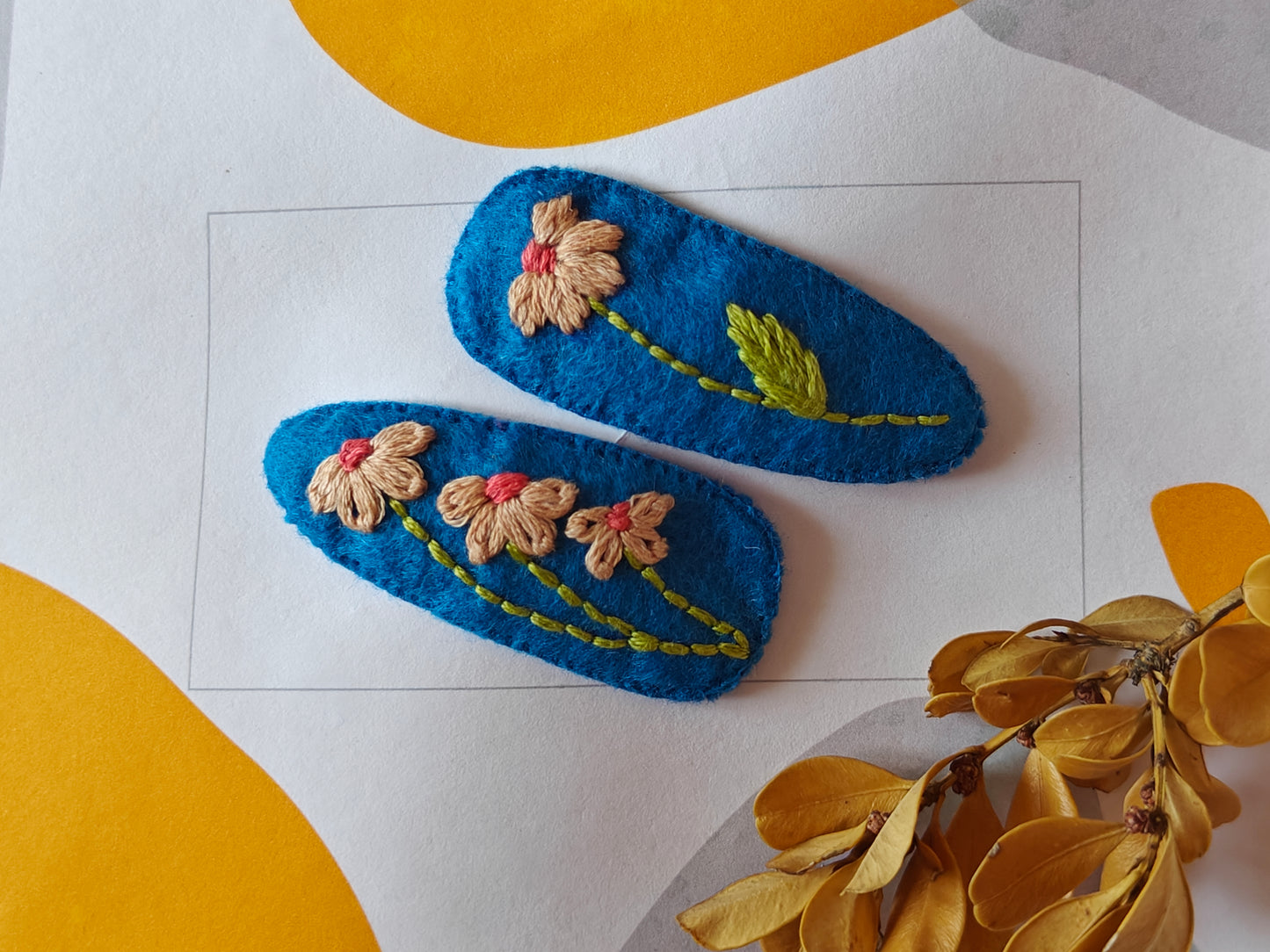 Blue Felt Hair Clip with Colourful Thread Embroidery