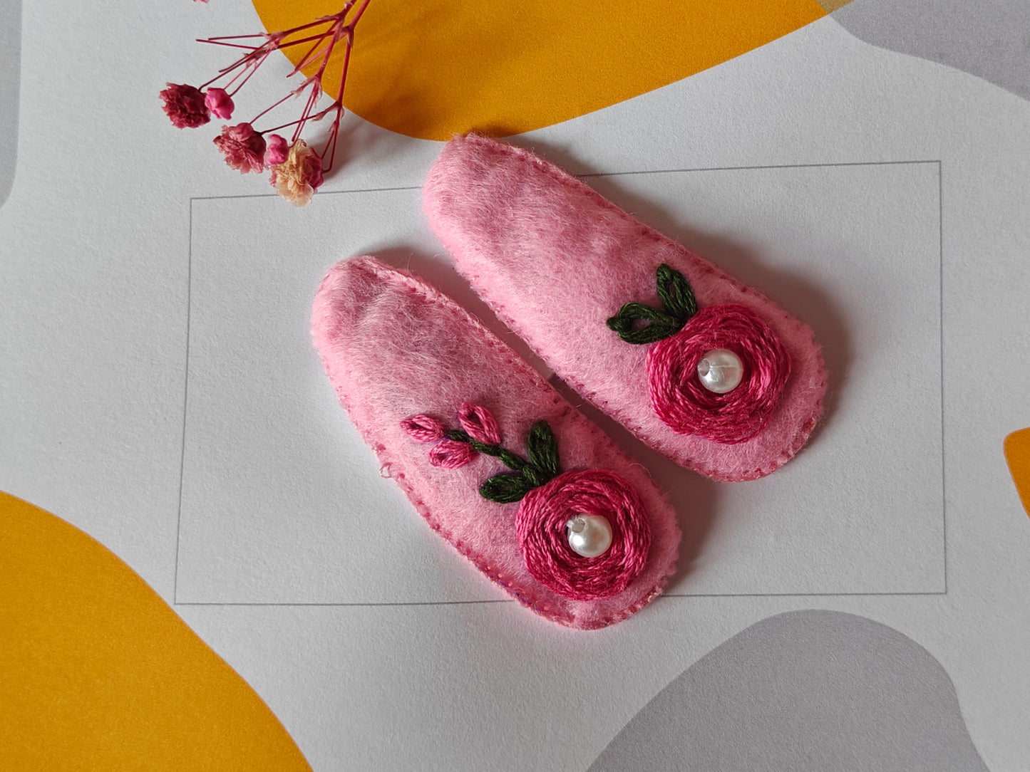 Light Pink Felt Hair Clip with Thread Work and Bead Emboidery