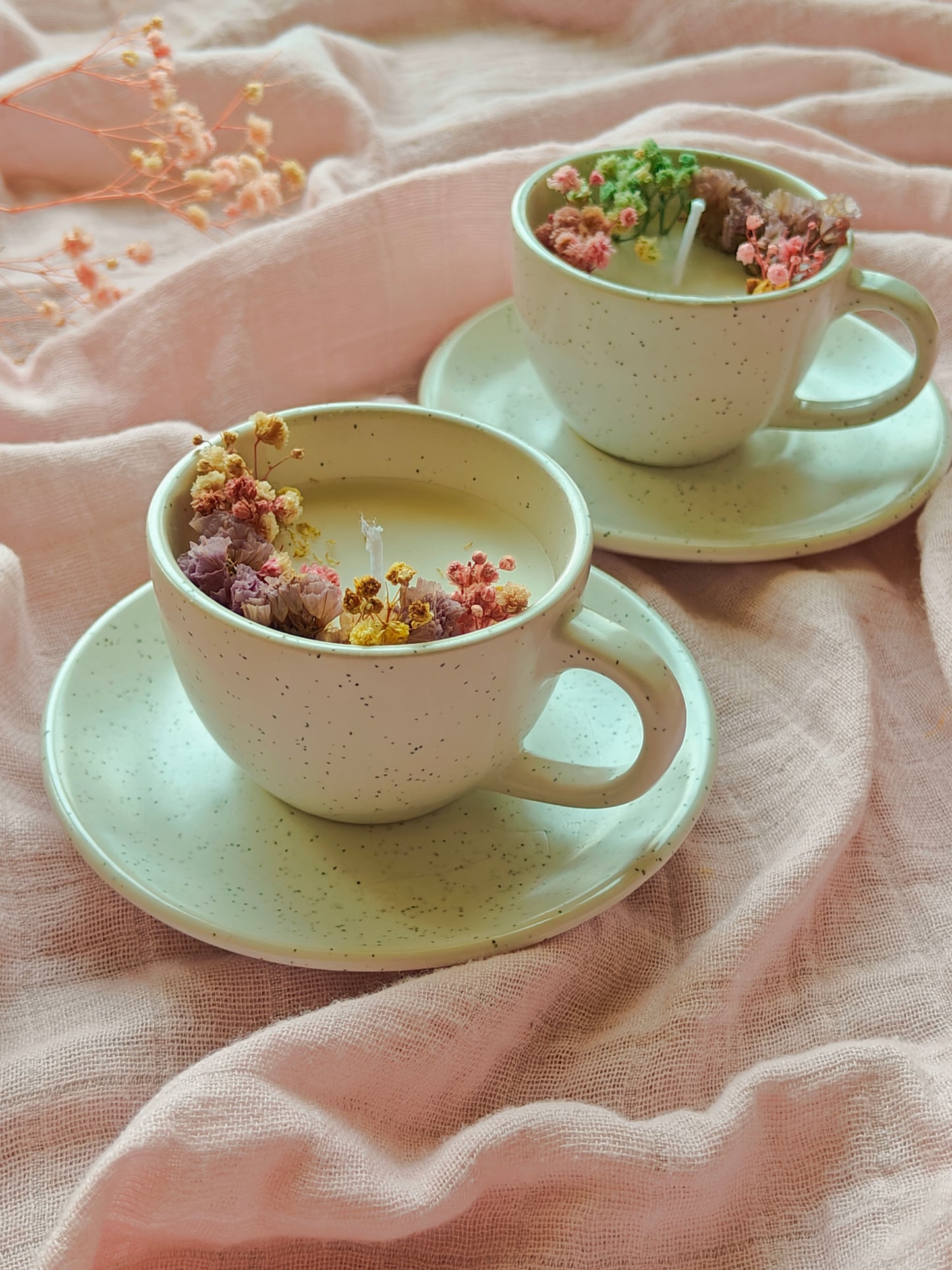 Handcrafted Hand poured Ceramic Cup & Saucer Soy Wax Candle with Natural Dried Flowers