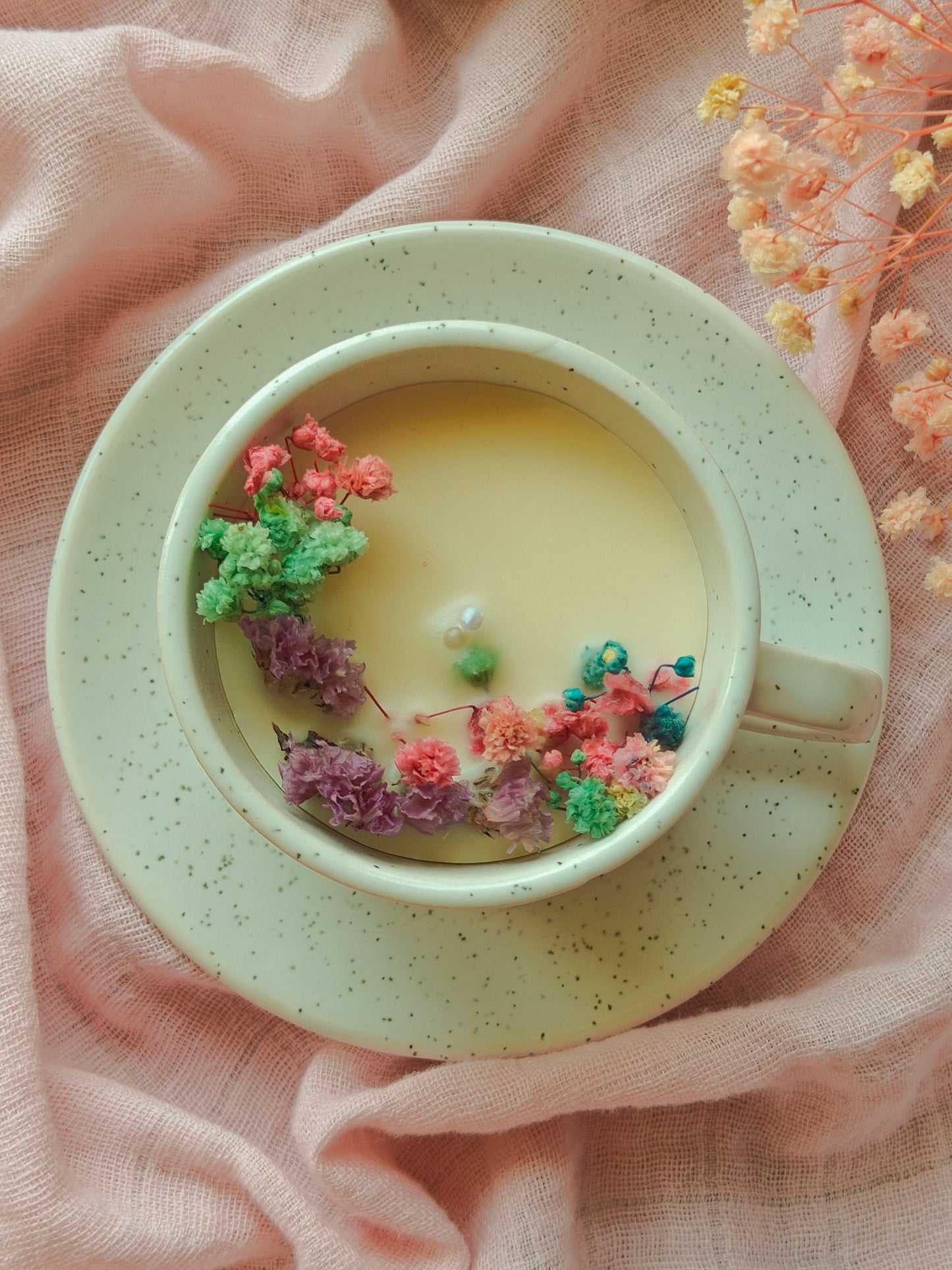 Handcrafted Hand poured Ceramic Cup & Saucer Soy Wax Candle with Natural Dried Flowers