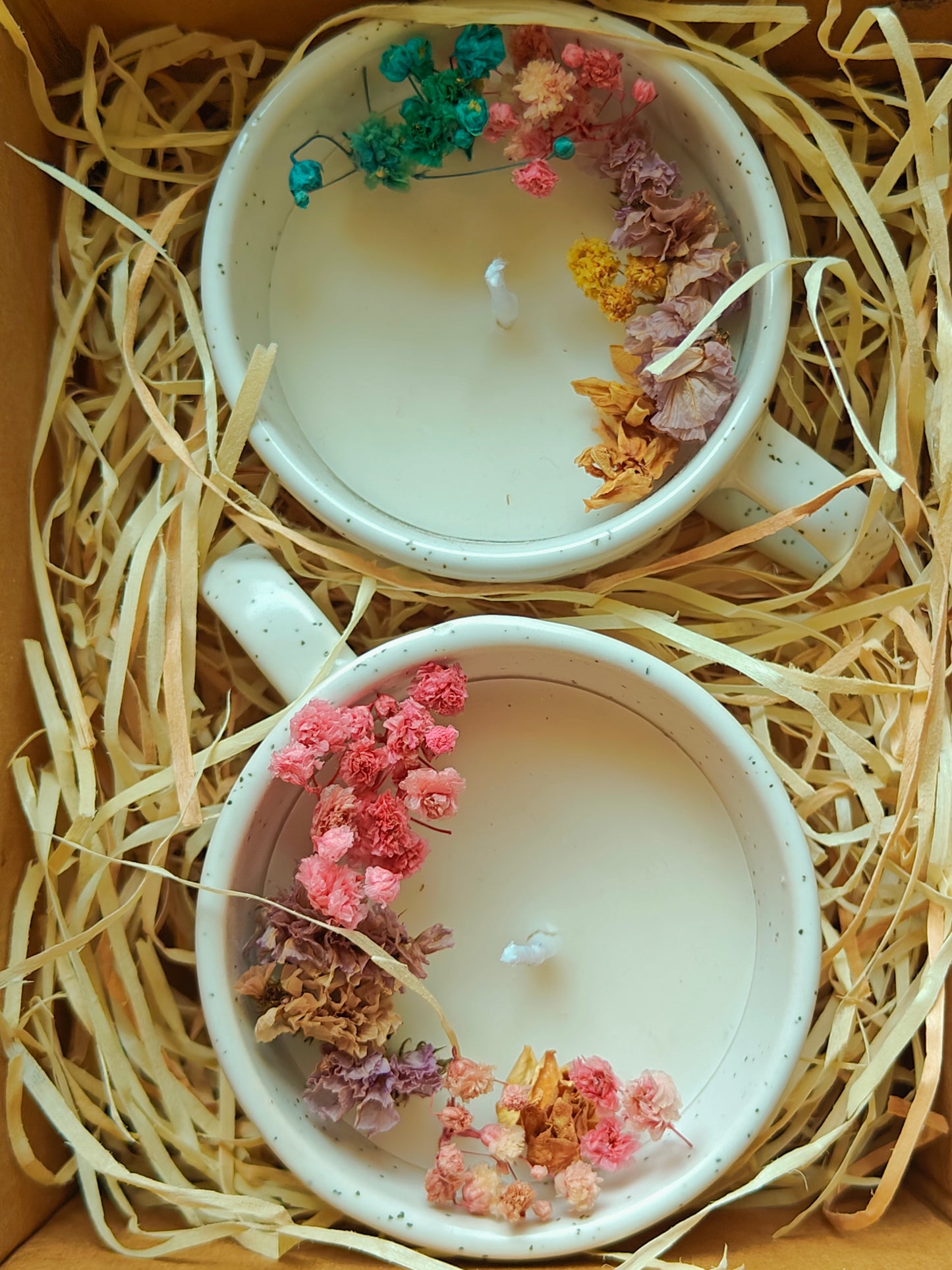 Handcrafted Hand poured Ceramic Cup & Saucer Soy Wax Candle with Natural Dried Flowers