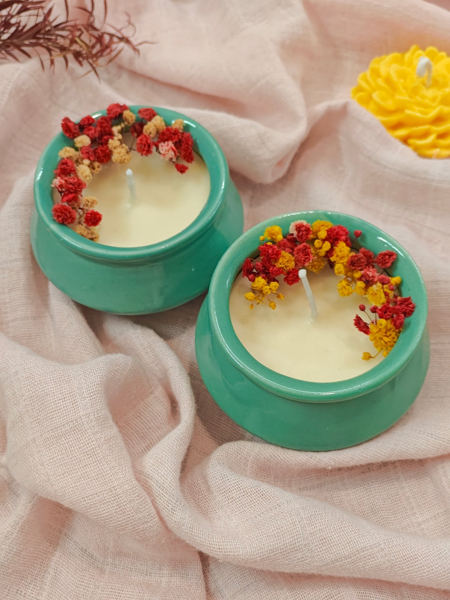 Handcrafted Turquoise Ceramic Matka Soy Wax Candle with Natural Dried Flowers