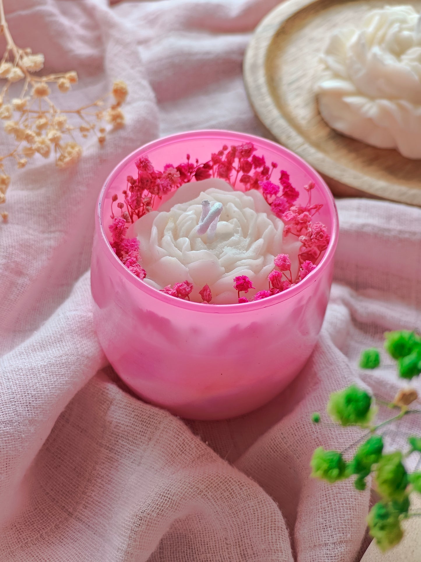 Handcrafted Hand poured Pink Glass Votive Soy Wax Candle with Natural Dried Flowers