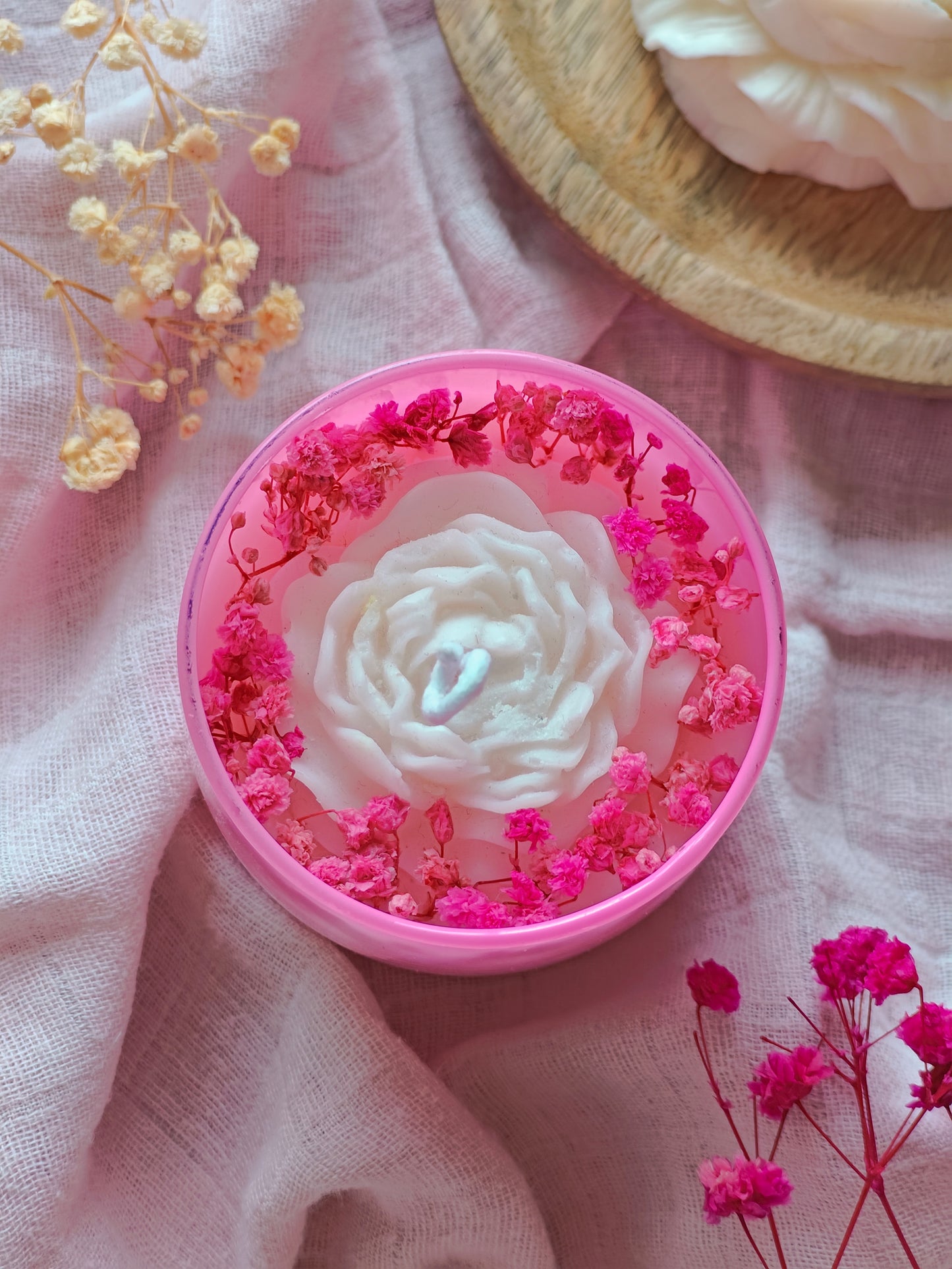 Handcrafted Hand poured Pink Glass Votive Soy Wax Candle with Natural Dried Flowers