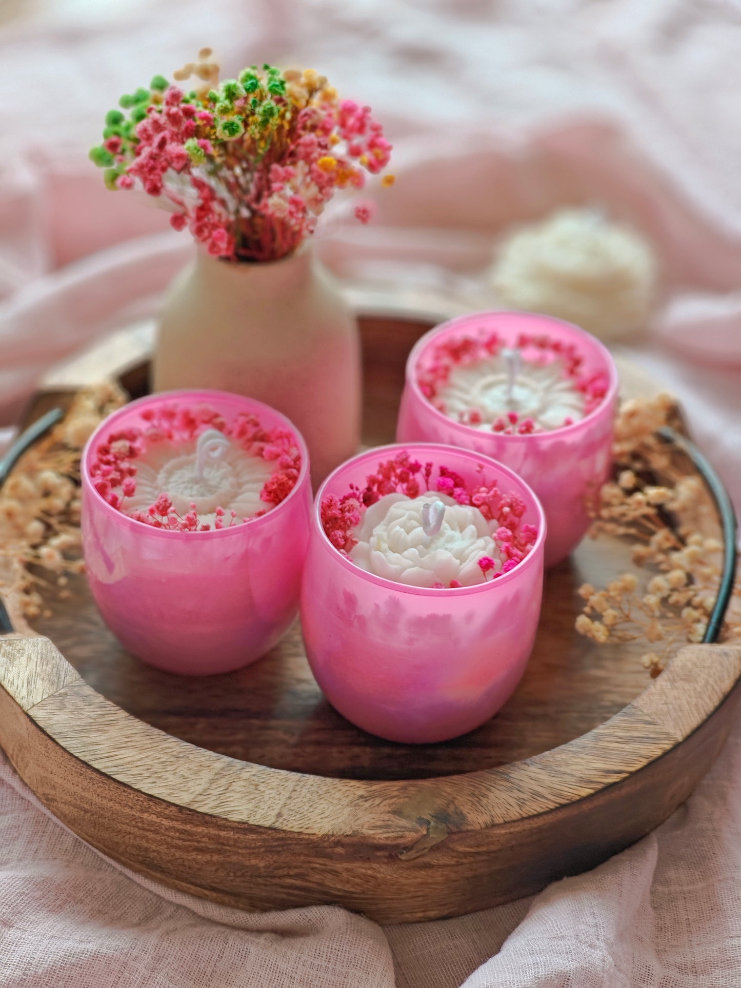 Handcrafted Hand poured Pink Glass Votive Soy Wax Candle with Natural Dried Flowers