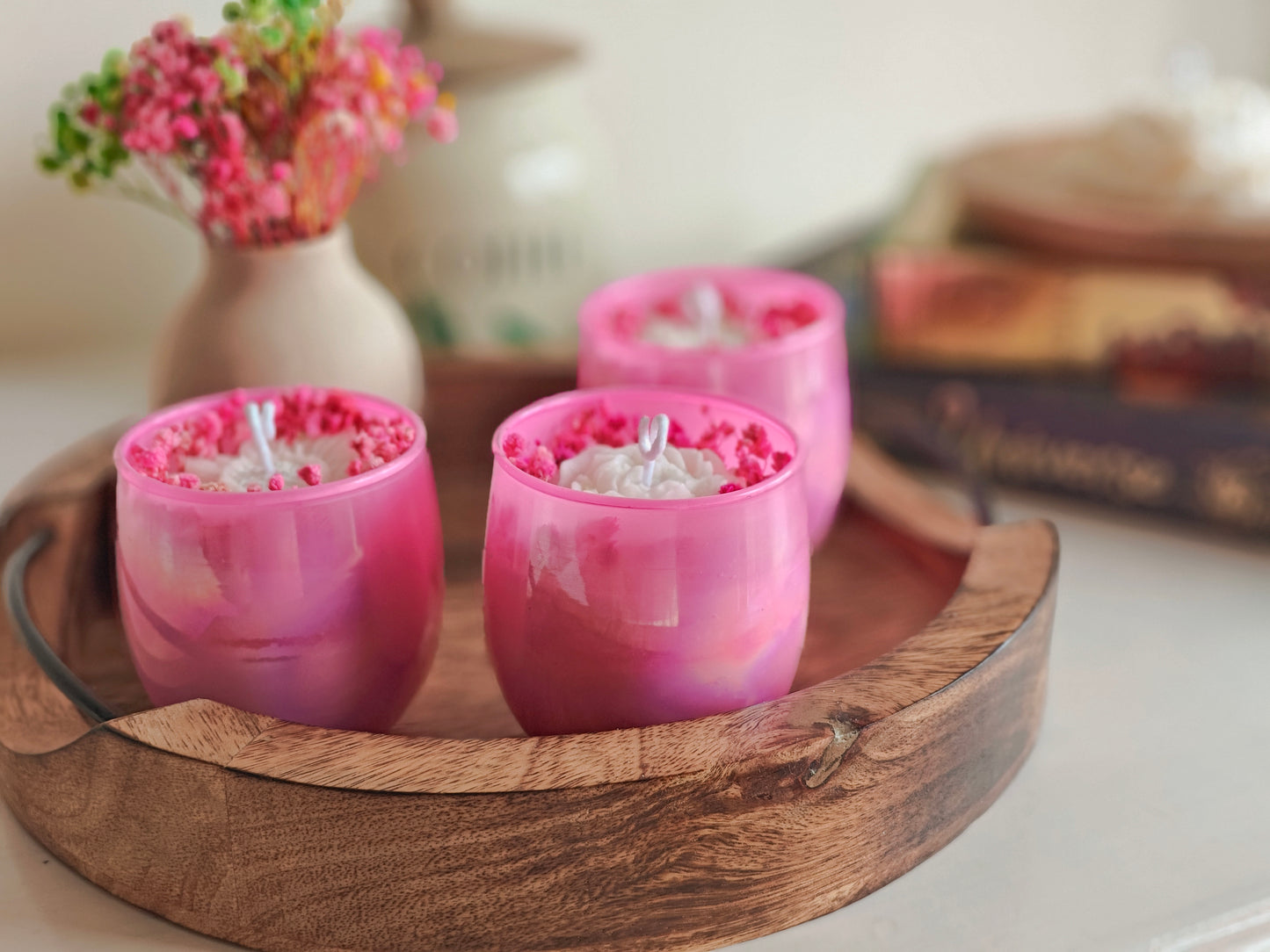 Handcrafted Hand poured Pink Glass Votive Soy Wax Candle with Natural Dried Flowers