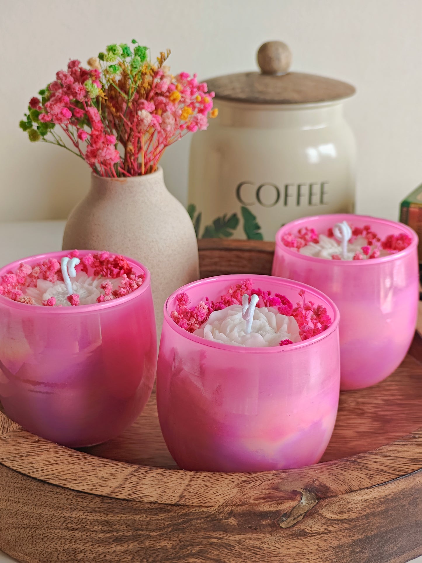 Handcrafted Hand poured Pink Glass Votive Soy Wax Candle with Natural Dried Flowers