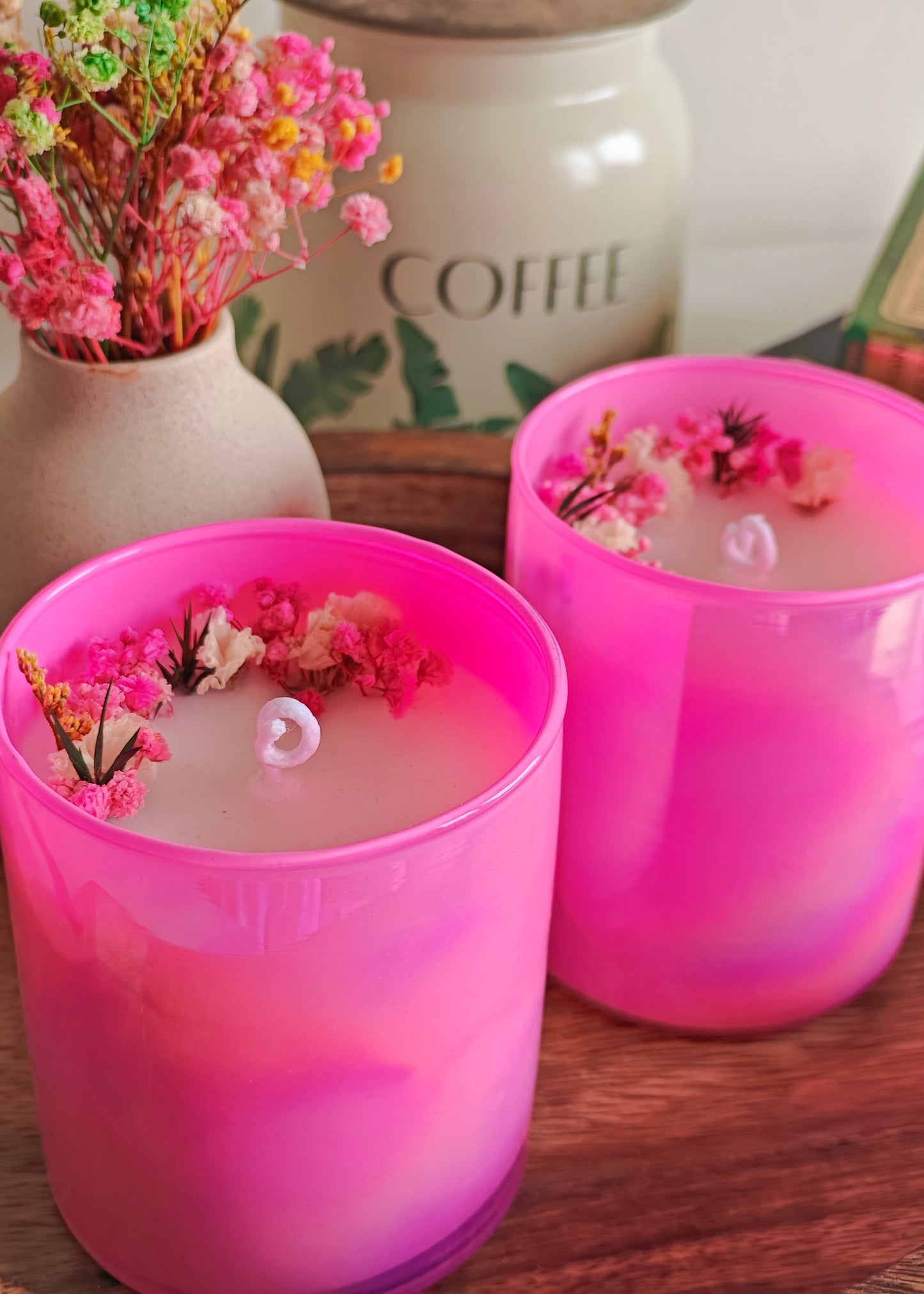 Handcrafted Hand poured Coloured Glass Votive Soy Wax Candle with Natural Dried Flower