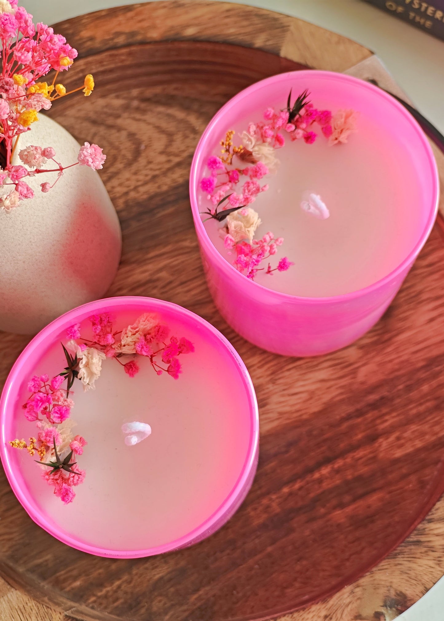 Handcrafted Hand poured Coloured Glass Votive Soy Wax Candle with Natural Dried Flower