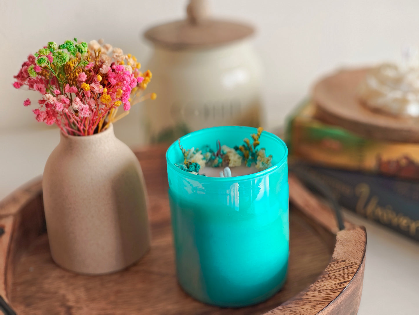 Handcrafted Hand poured Coloured Glass Votive Soy Wax Candle with Natural Dried Flower