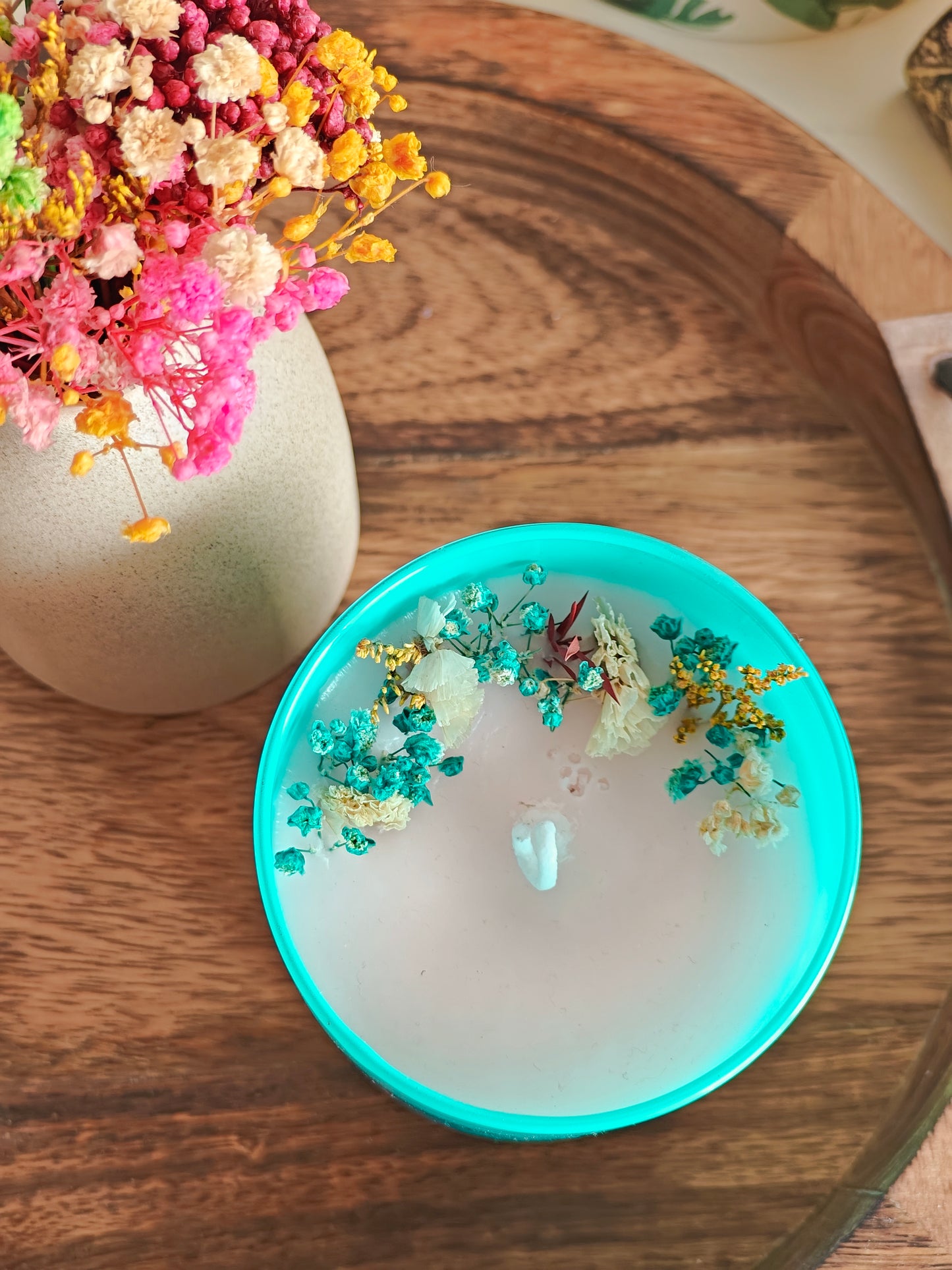 Handcrafted Hand poured Coloured Glass Votive Soy Wax Candle with Natural Dried Flower