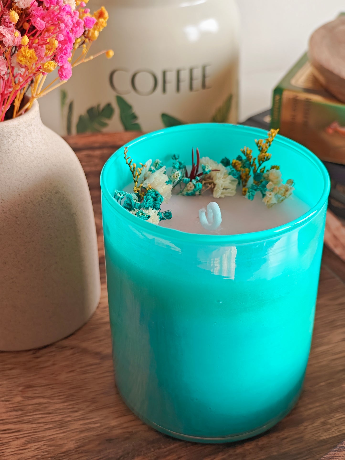 Handcrafted Hand poured Coloured Glass Votive Soy Wax Candle with Natural Dried Flower