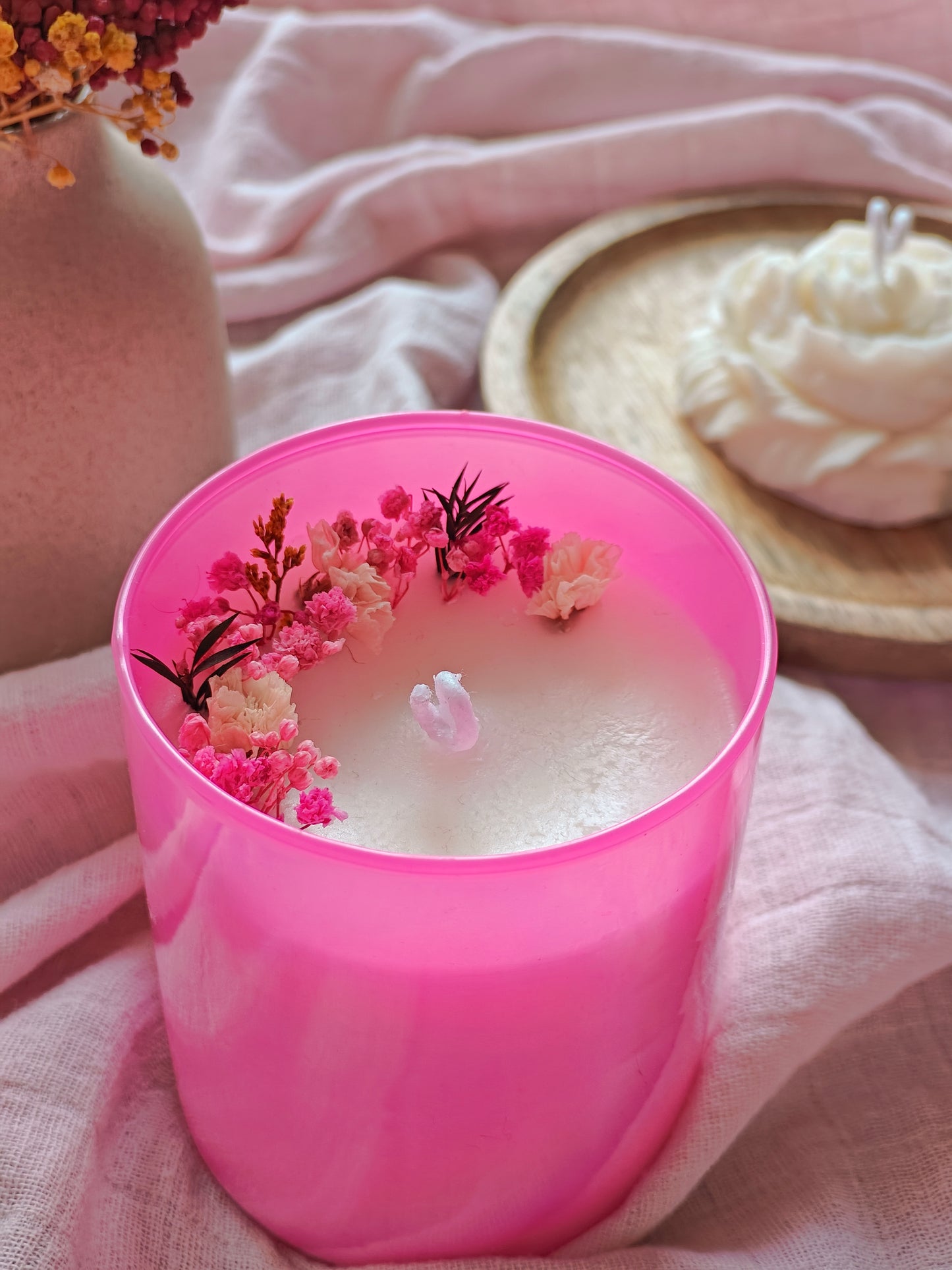 Handcrafted Hand poured Coloured Glass Votive Soy Wax Candle with Natural Dried Flower