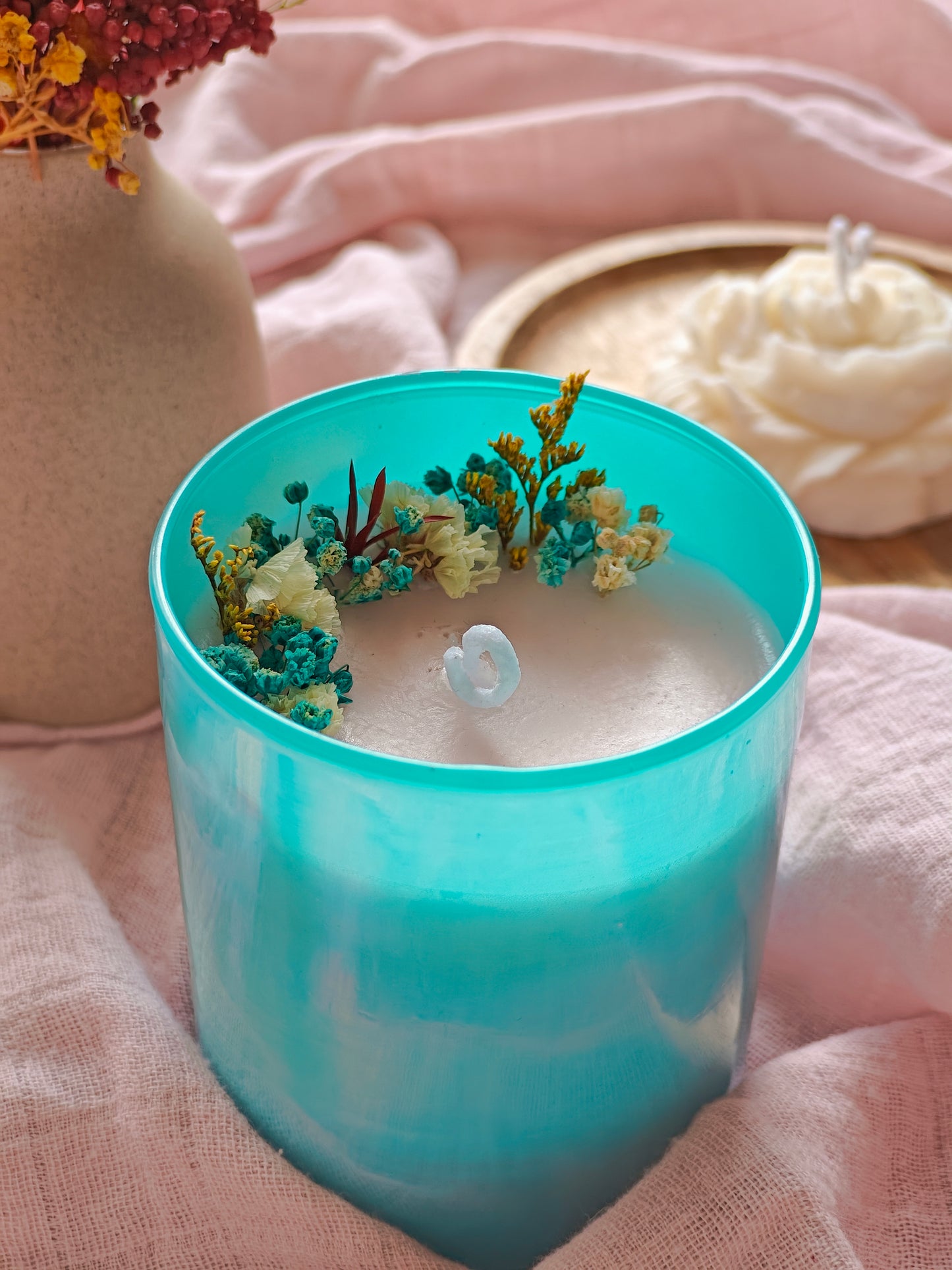 Handcrafted Hand poured Coloured Glass Votive Soy Wax Candle with Natural Dried Flower