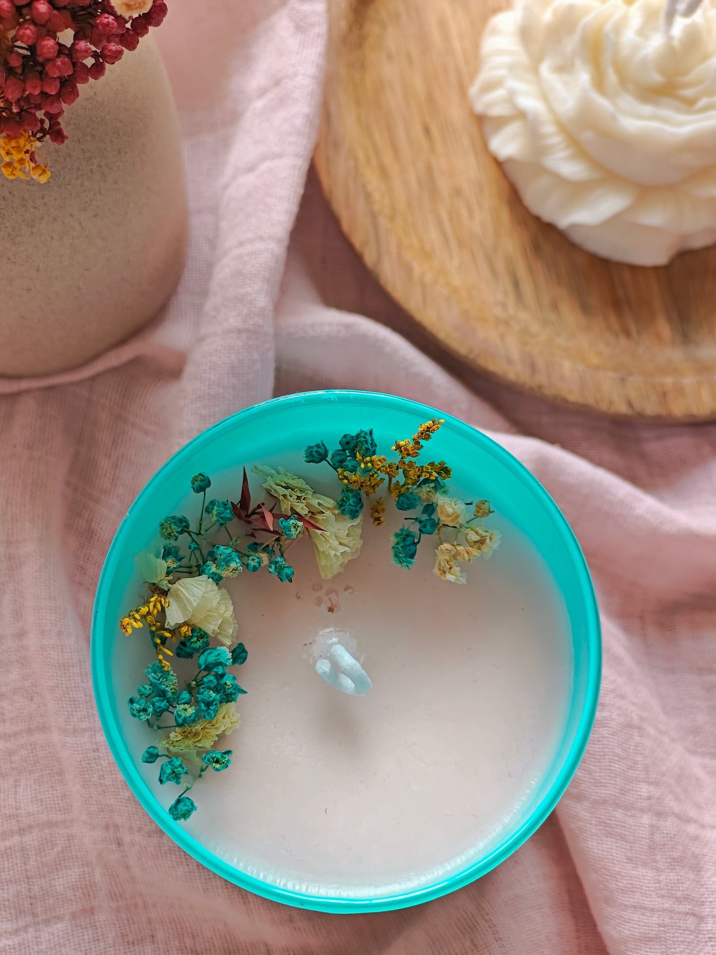 Handcrafted Hand poured Coloured Glass Votive Soy Wax Candle with Natural Dried Flower
