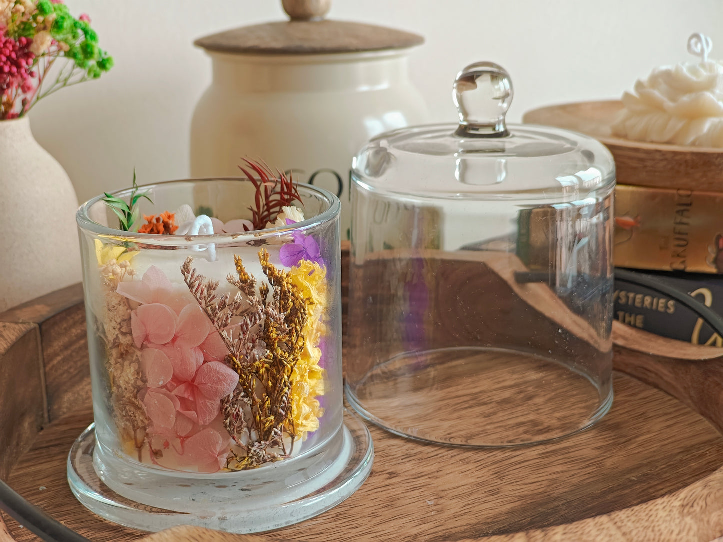 Handcrafted Handpoured Glass Bell Jar Soy Wax Candle with Natural Dried Flowers