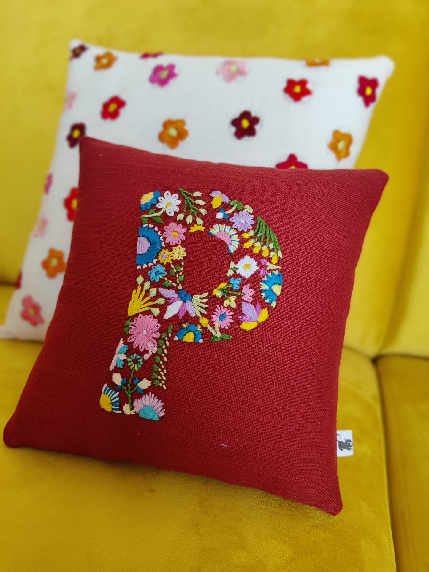 Hand Embroidered Customised Alphabet Cotton Cushion 10*10 Inches