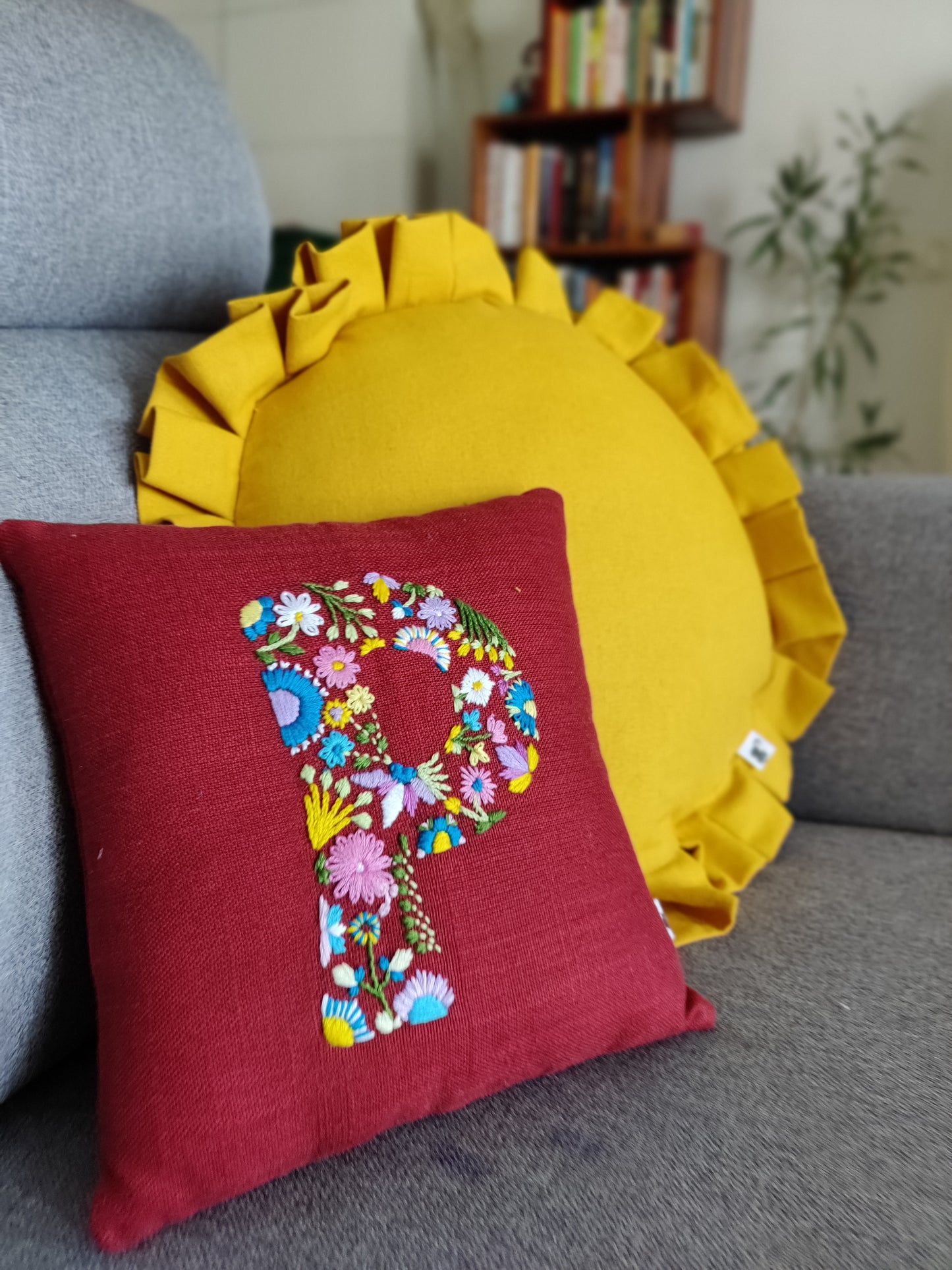 Hand Embroidered Customised Alphabet Cotton Cushion 10*10 Inches