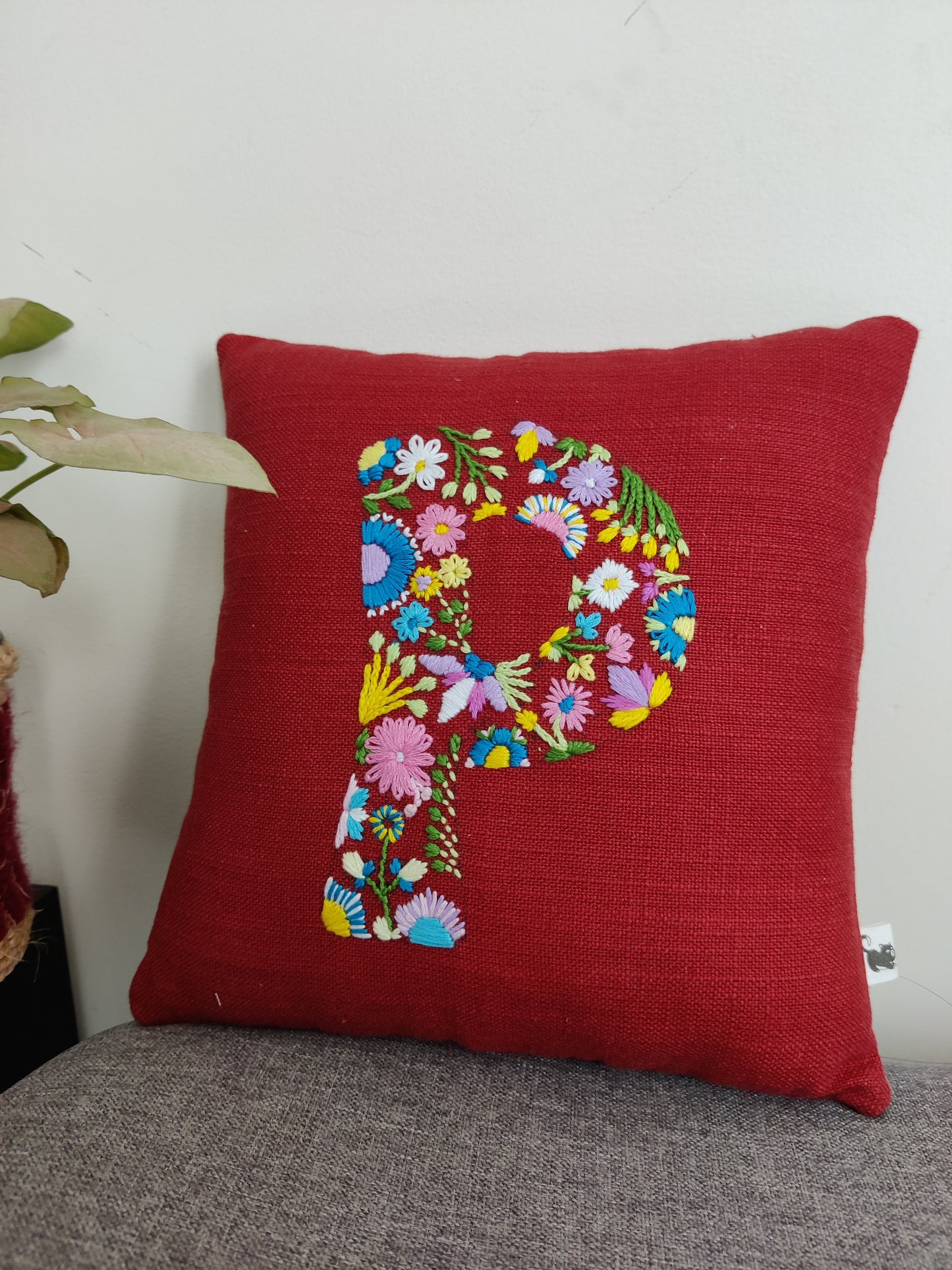 Hand Embroidered Customised Alphabet Cotton Cushion 10*10 Inches