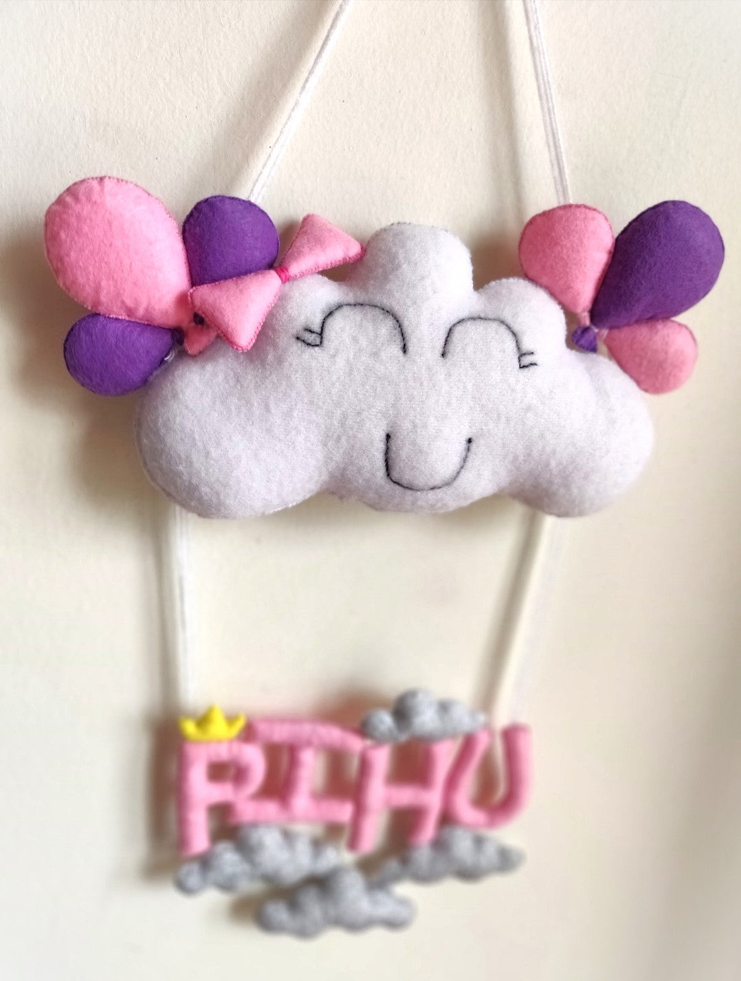 Handmade Felt Customised Name Garland with Smiling Cloud, Little Crown & Balloon Bunch | Personalised Nursery Wall Hanging