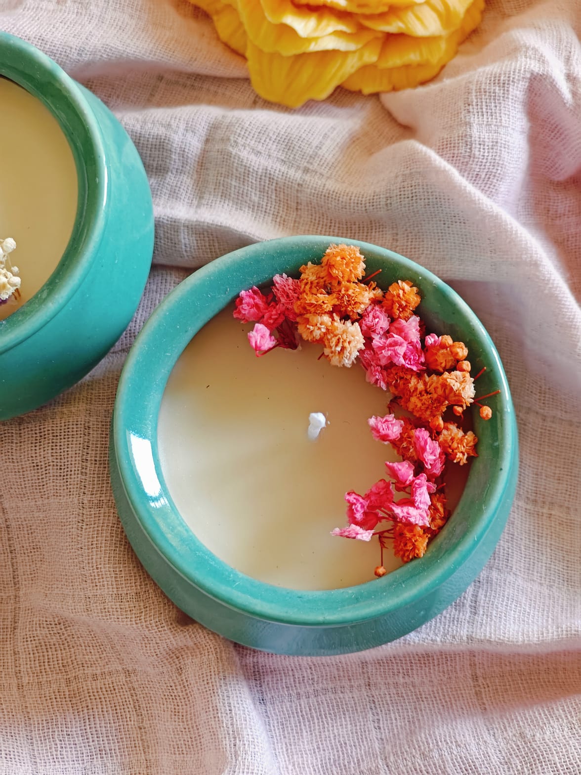 Handcrafted Turquoise Ceramic Matka Soy Wax Candle with Natural Dried Flowers