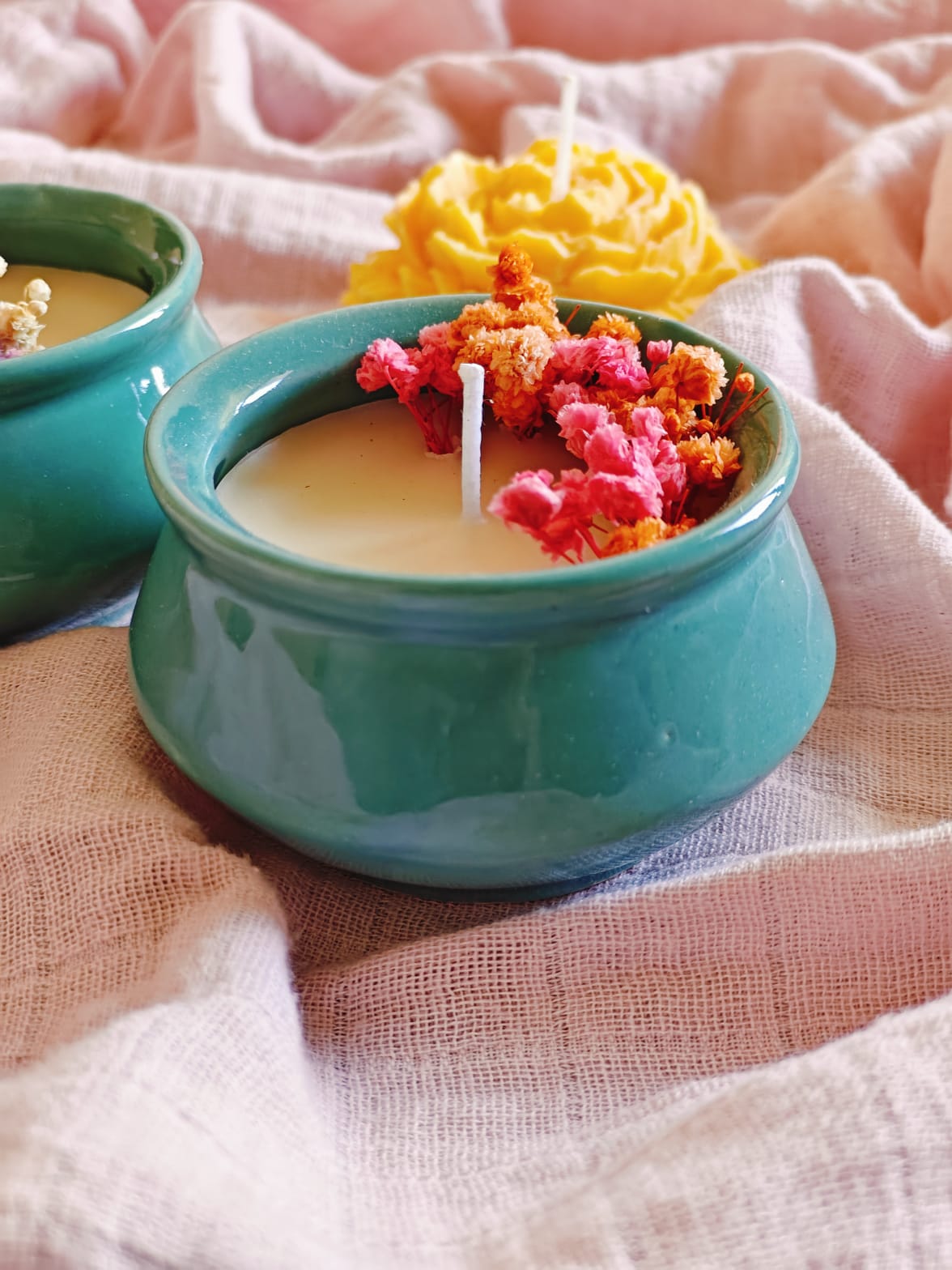 Handcrafted Turquoise Ceramic Matka Soy Wax Candle with Natural Dried Flowers