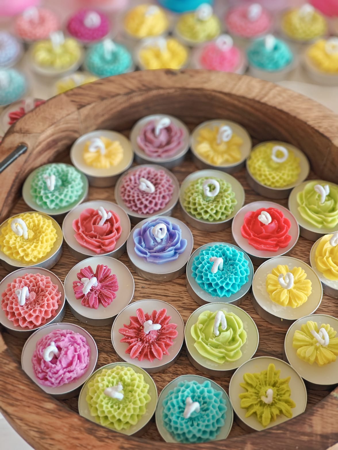 Colourful Handcrafted Soy Wax Tea Light with Soy Wax Floral Decor