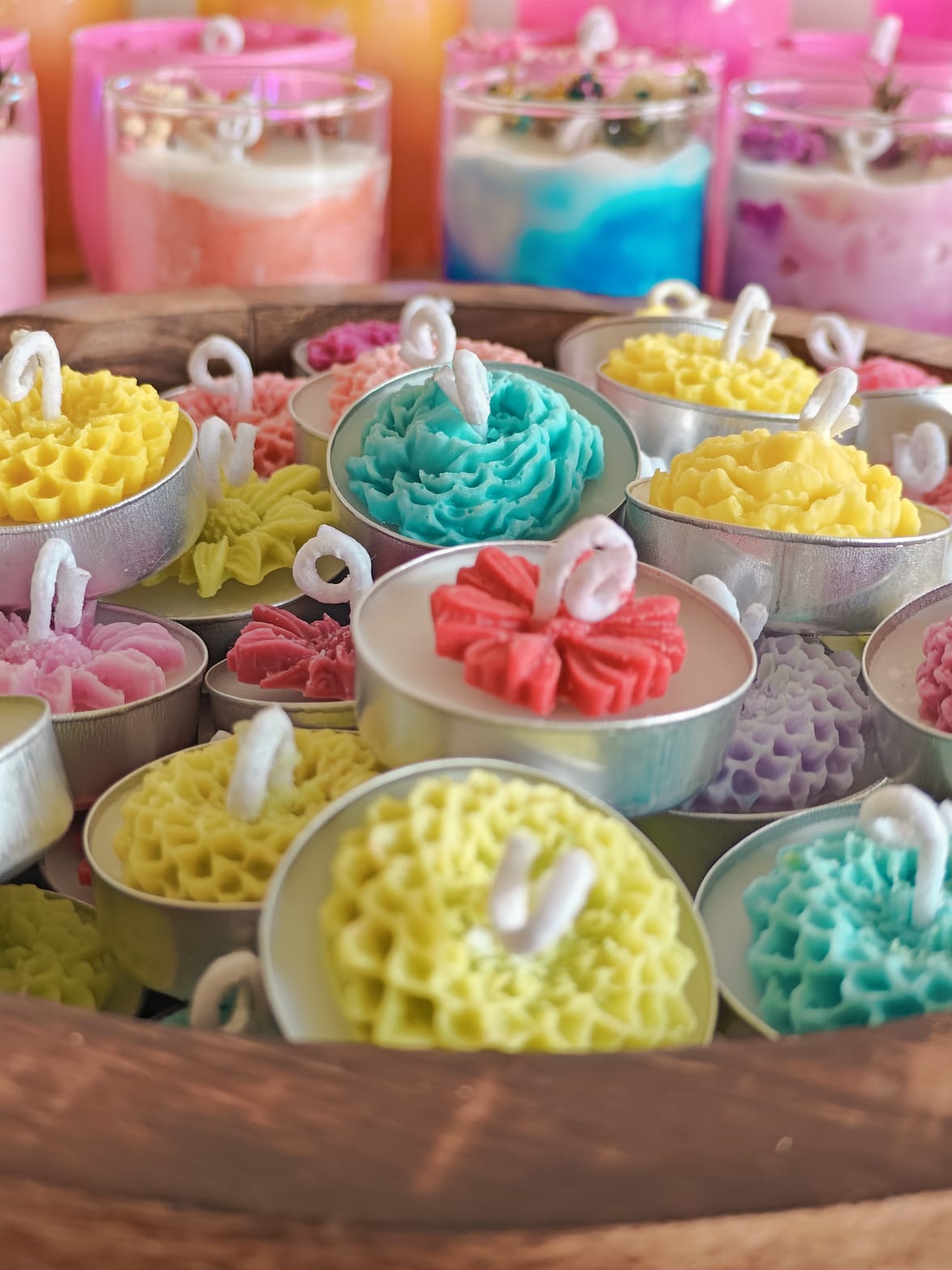 Colourful Handcrafted Soy Wax Tea Light with Soy Wax Floral Decor