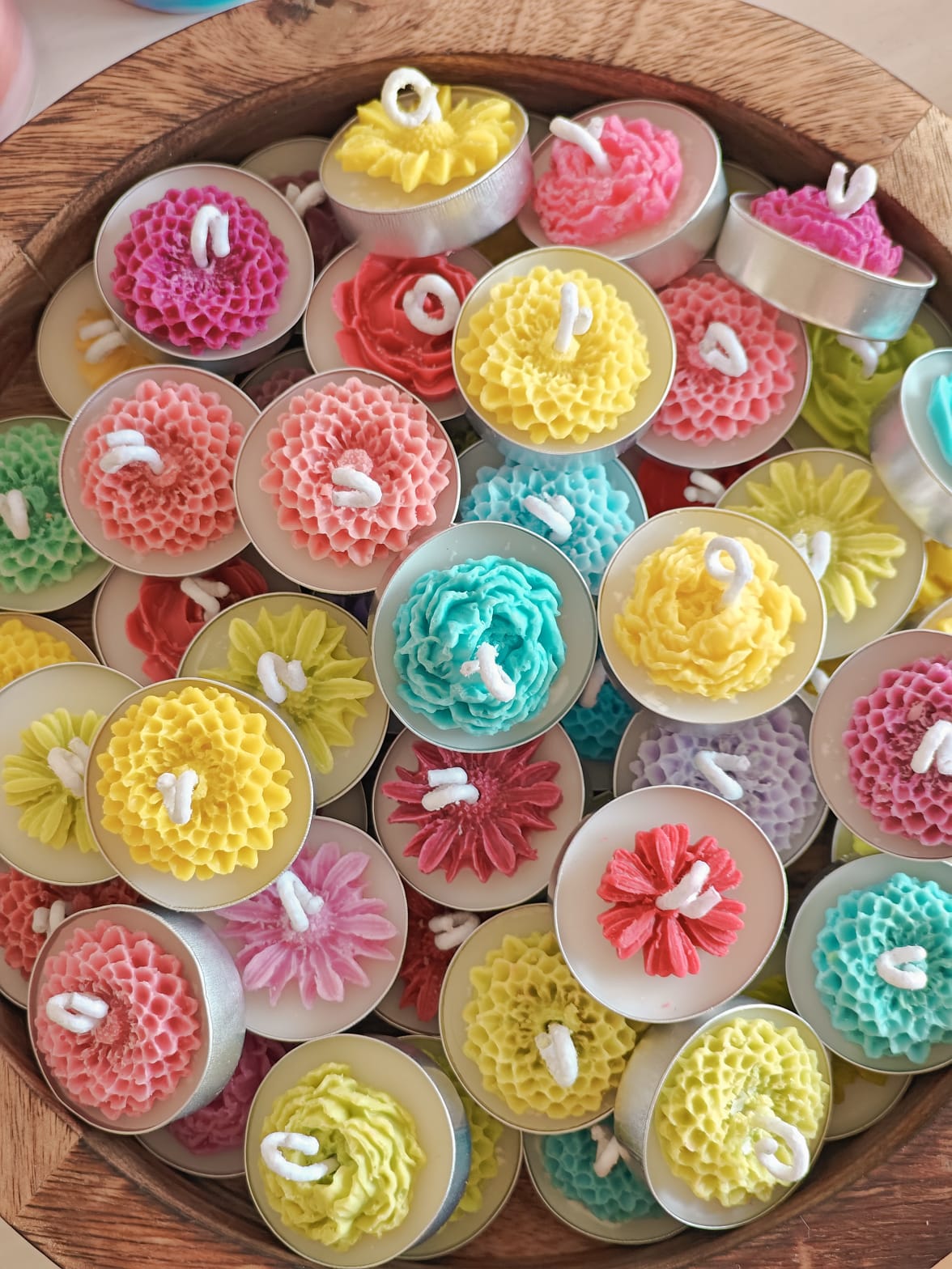 Colourful Handcrafted Soy Wax Tea Light with Soy Wax Floral Decor