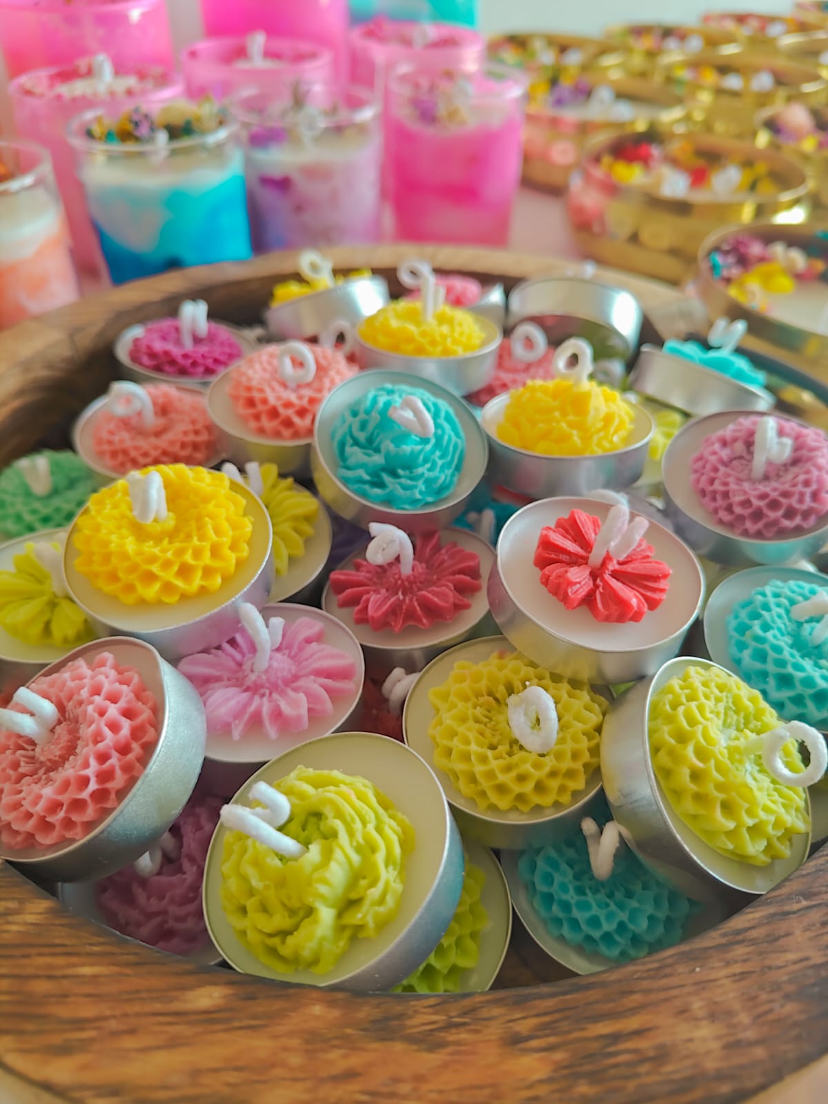 Colourful Handcrafted Soy Wax Tea Light with Soy Wax Floral Decor
