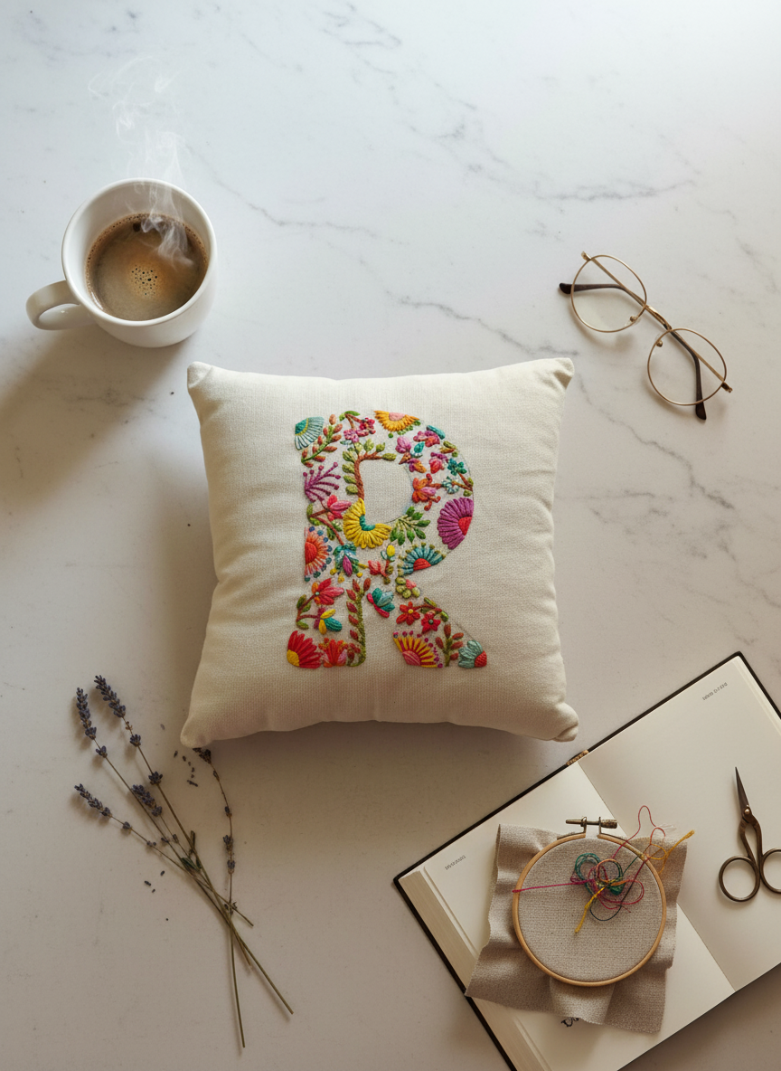 Hand Embroidered Customised Alphabet Cotton Cushion 10*10 Inches