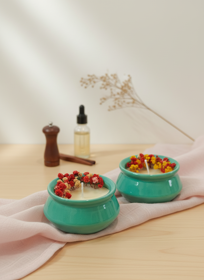 Handcrafted Turquoise Ceramic Matka Soy Wax Candle with Natural Dried Flowers