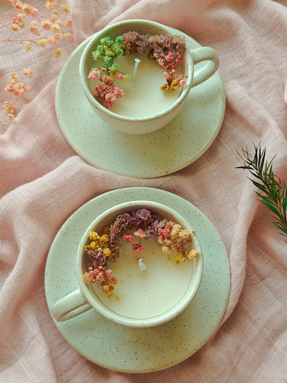 Handcrafted Hand poured Ceramic Cup & Saucer Soy Wax Candle with Natural Dried Flowers