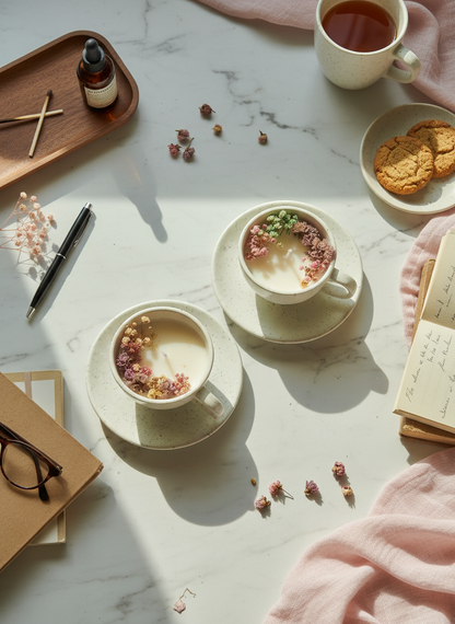 Handcrafted Hand poured Ceramic Cup & Saucer Soy Wax Candle with Natural Dried Flowers