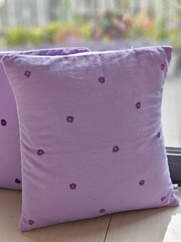 Soft Lavender Cushion Covers with Hand-Embroidered Tiny Flowers Set of 2