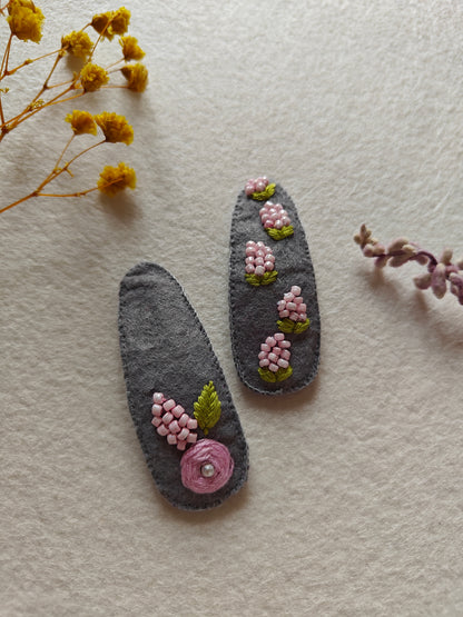 Grey Felt Hair Clip with Thread Work and Pink Bead embroidery