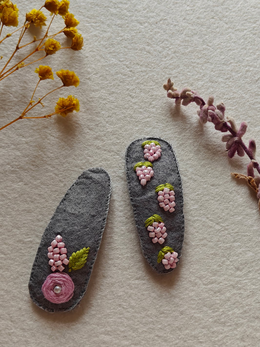 Grey Felt Hair Clip with Thread Work and Pink Bead embroidery