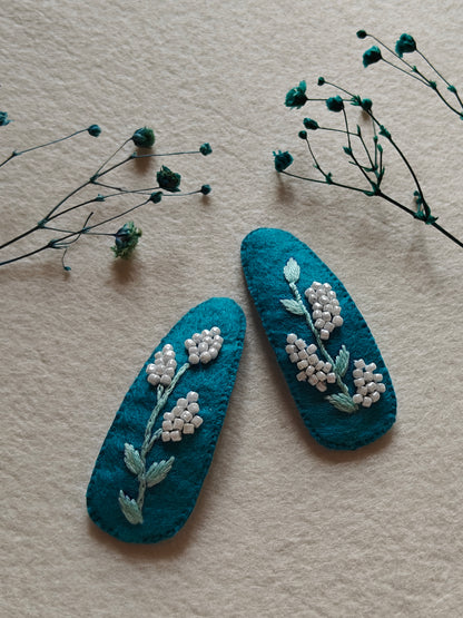 Turquoise Felt Hair Clip with Thread Work and White Bead Embroidery
