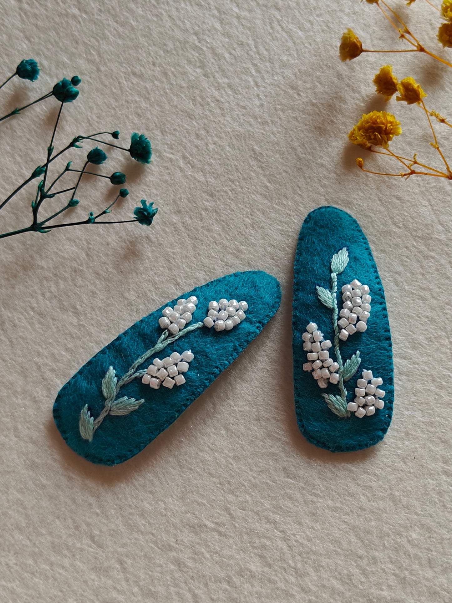 Turquoise Felt Hair Clip with Thread Work and White Bead Embroidery